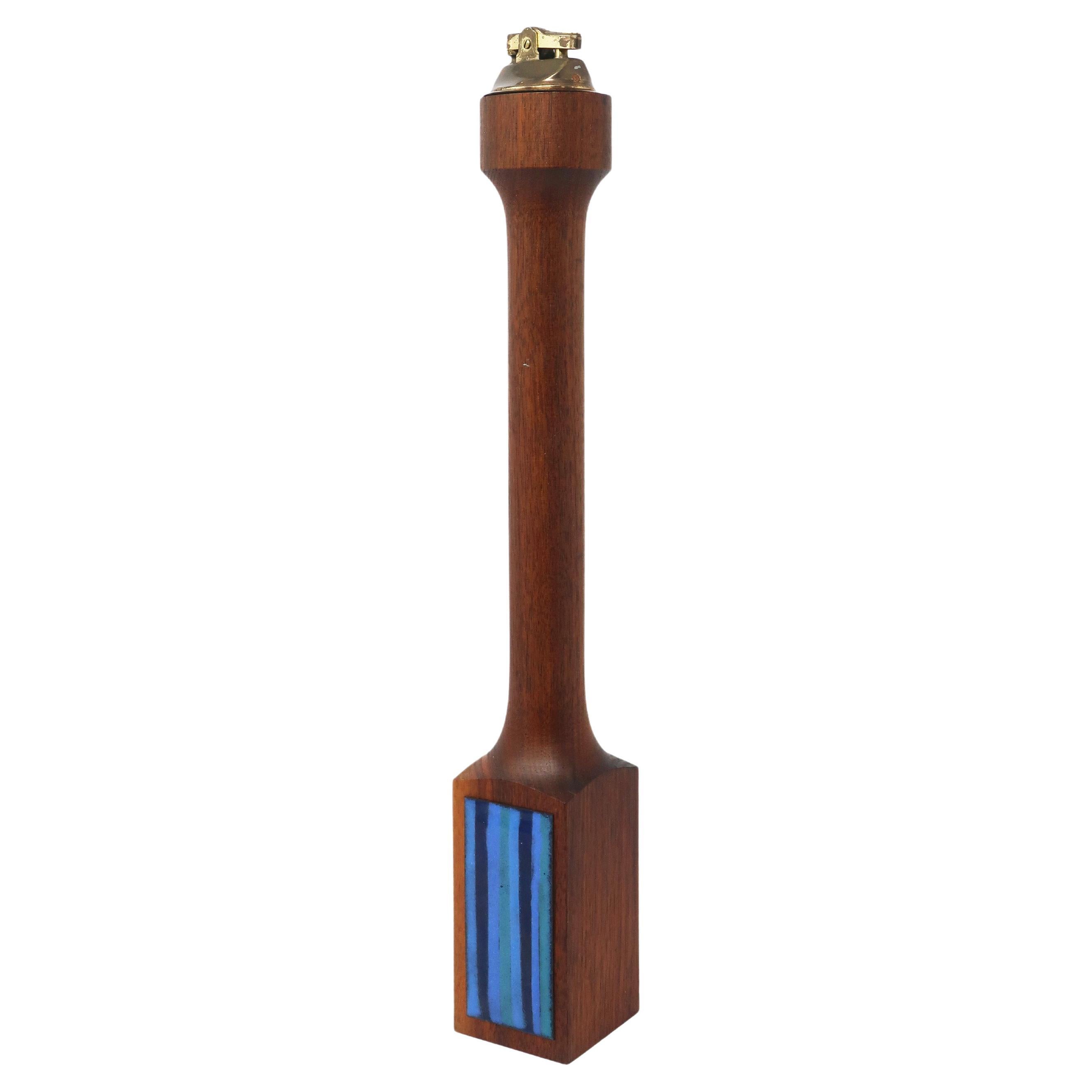 Mid-Century Modern Teak & Blue Enameled Metal Table Lighter