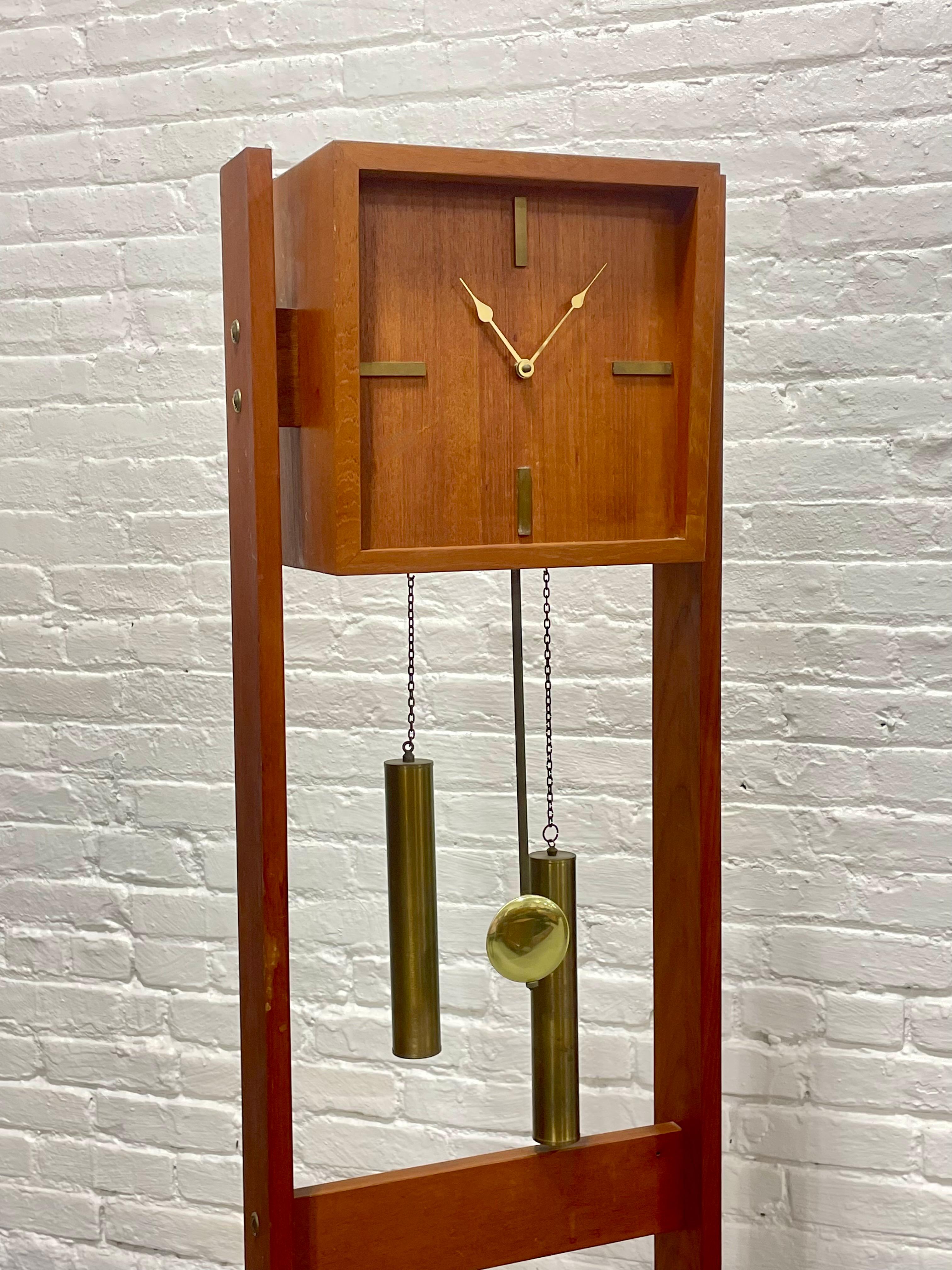Mid Century Modern TEAK Brass Weight Drive Chiming Floor Clock, 1960’s, Denmark For Sale 4