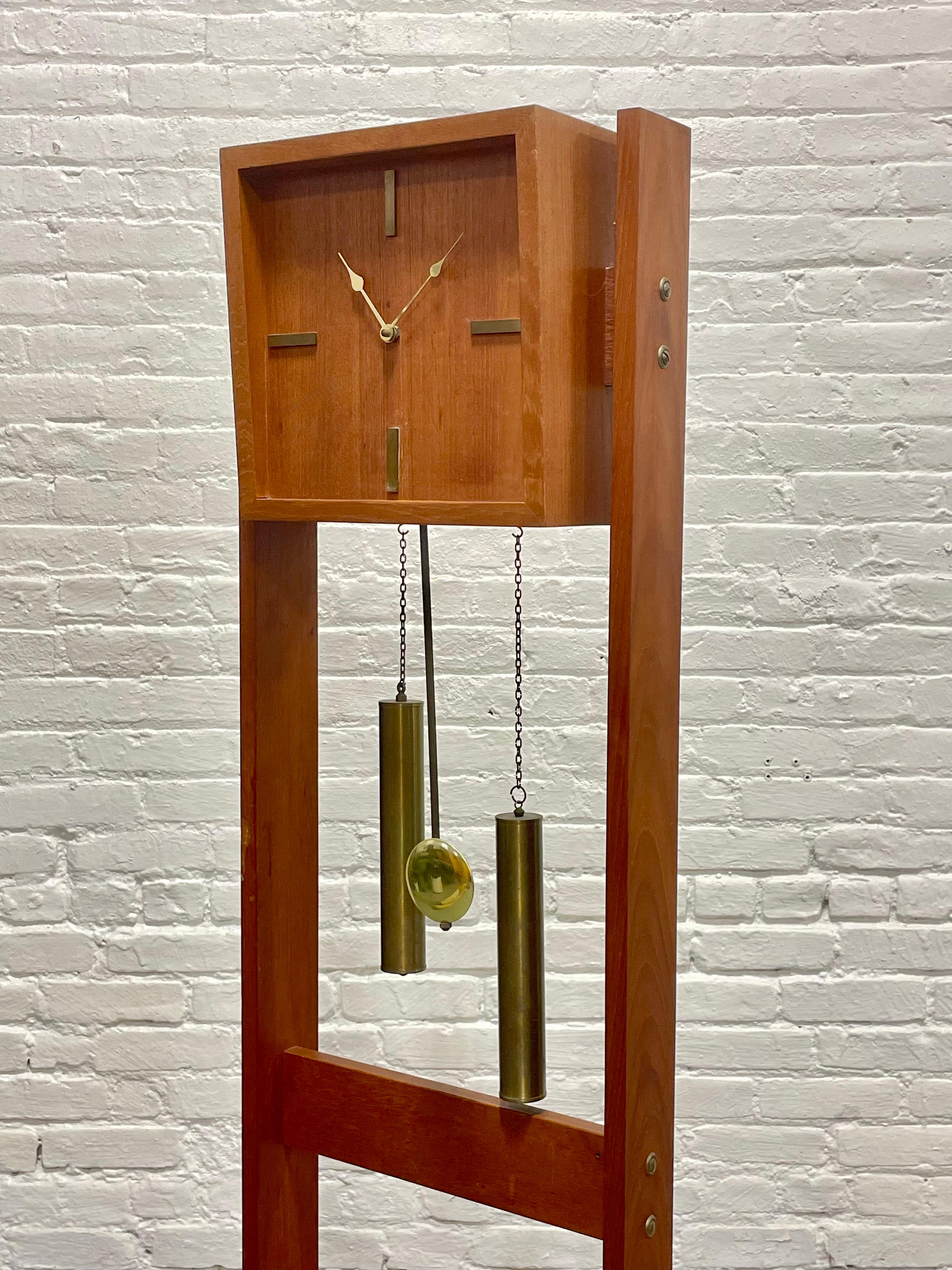 Mid Century Modern TEAK Brass Weight Drive Chiming Floor Clock, 1960’s, Denmark For Sale 8