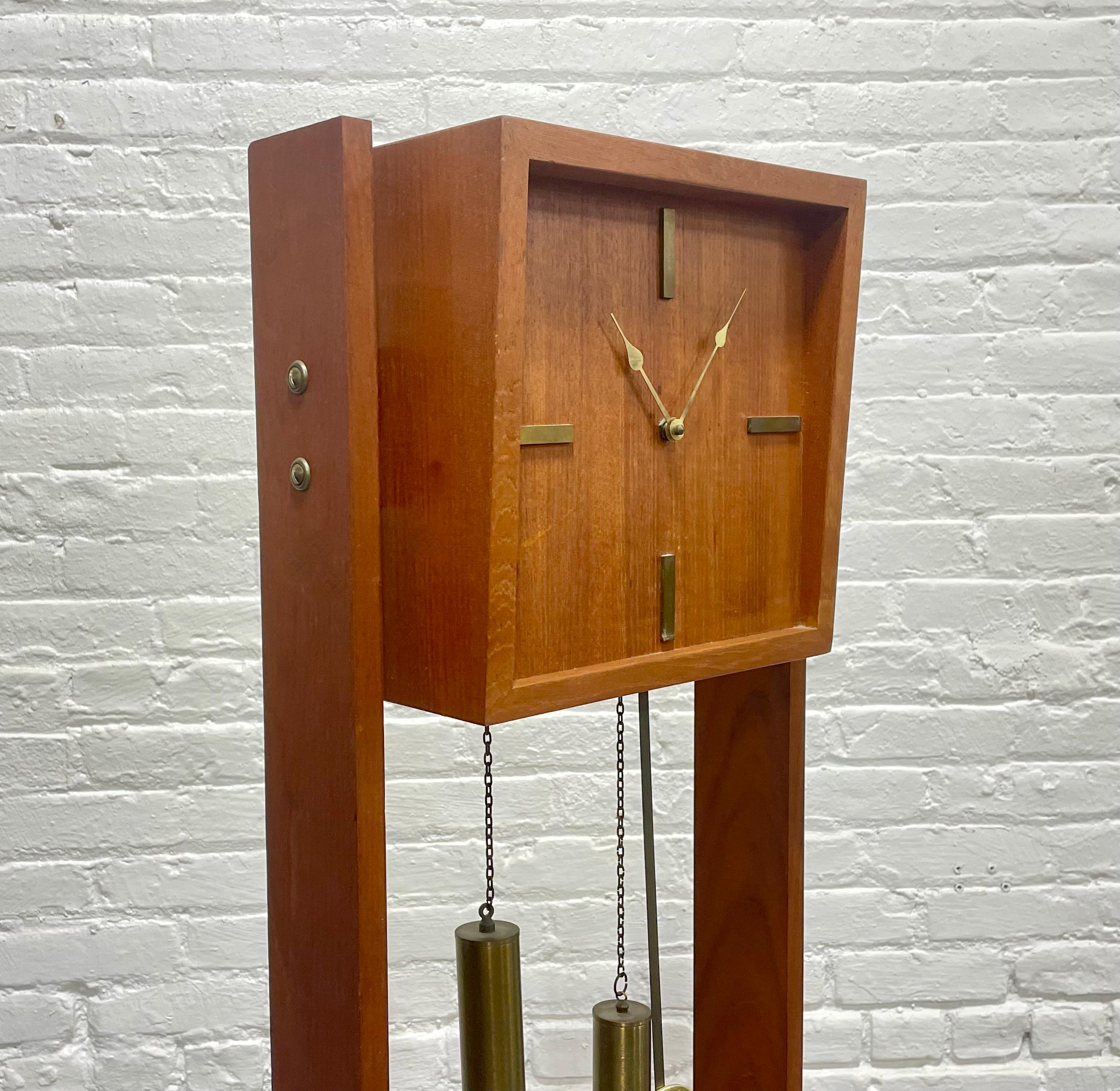 Mid Century Modern TEAK Brass Weight Drive Chiming Floor Clock, 1960’s, Denmark In Good Condition For Sale In Weehawken, NJ