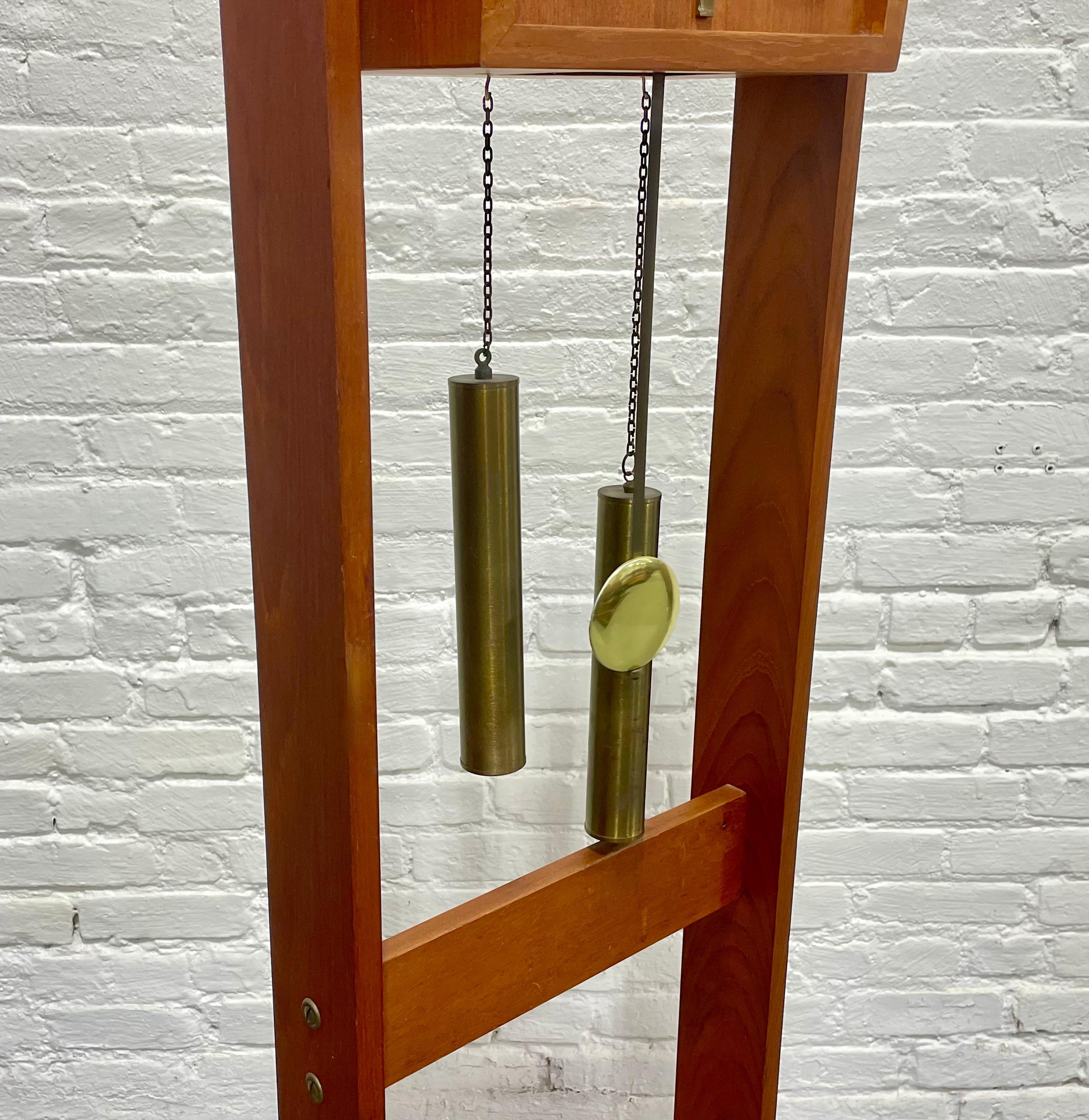 Teak Mid Century Modern TEAK Brass Weight Drive Chiming Floor Clock, 1960’s, Denmark For Sale