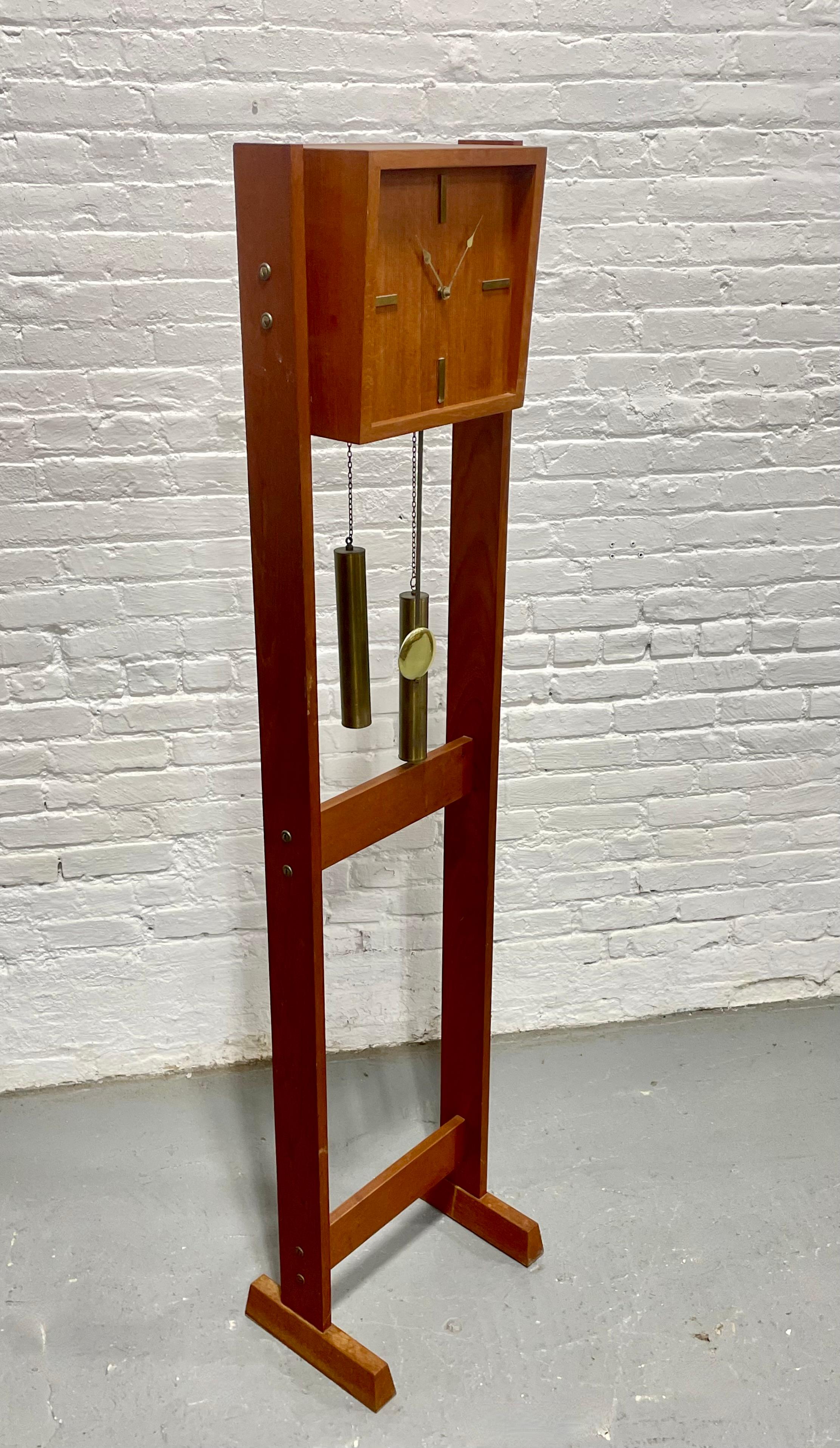 Mid Century Modern TEAK Brass Weight Drive Chiming Floor Clock, 1960’s, Denmark For Sale 1
