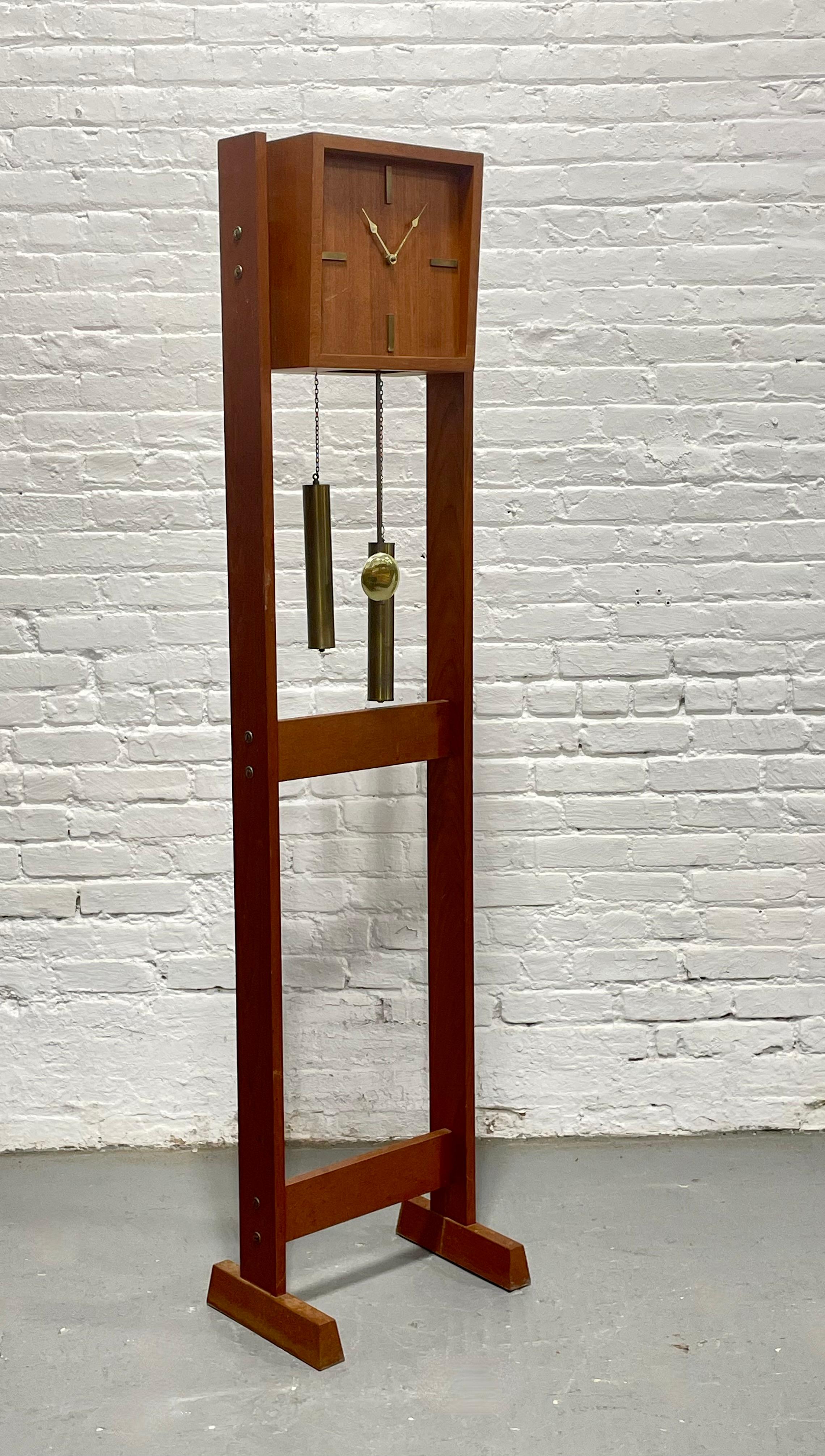 Mid Century Modern TEAK Brass Weight Drive Chiming Floor Clock, 1960’s, Denmark For Sale 2