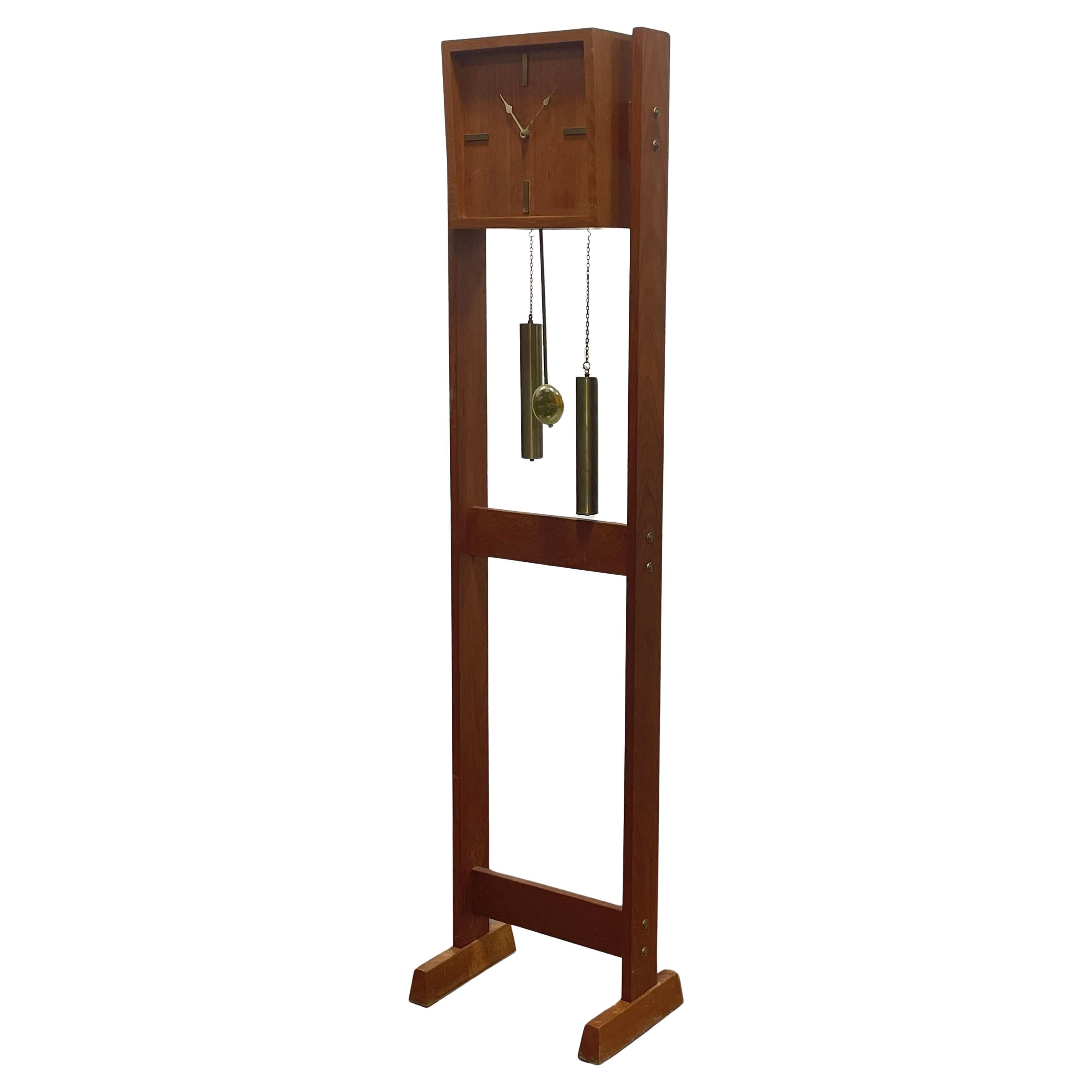Mid Century Modern TEAK Brass Weight Drive Chiming Floor Clock, 1960’s, Denmark For Sale