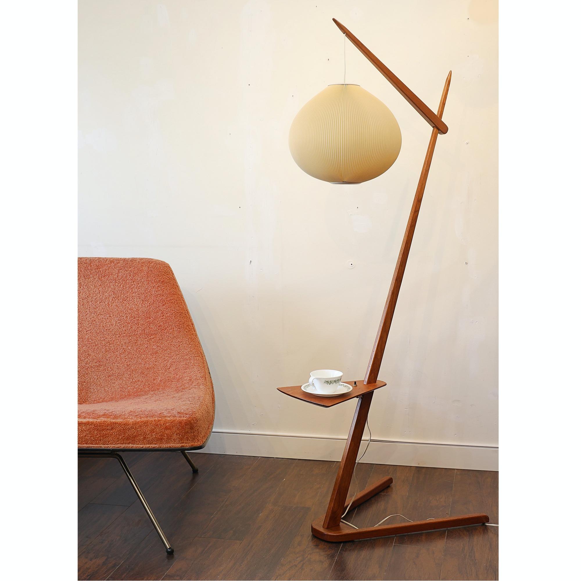 Plastic Mid-Century Modern Teak Cantilever Floor Lamp 'Pleated Sphere Shade' For Sale