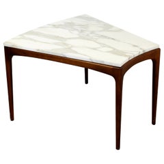 Mid-Century Modern Teak & Carrara Marble Top Curved Wood Side End Table, 1960s