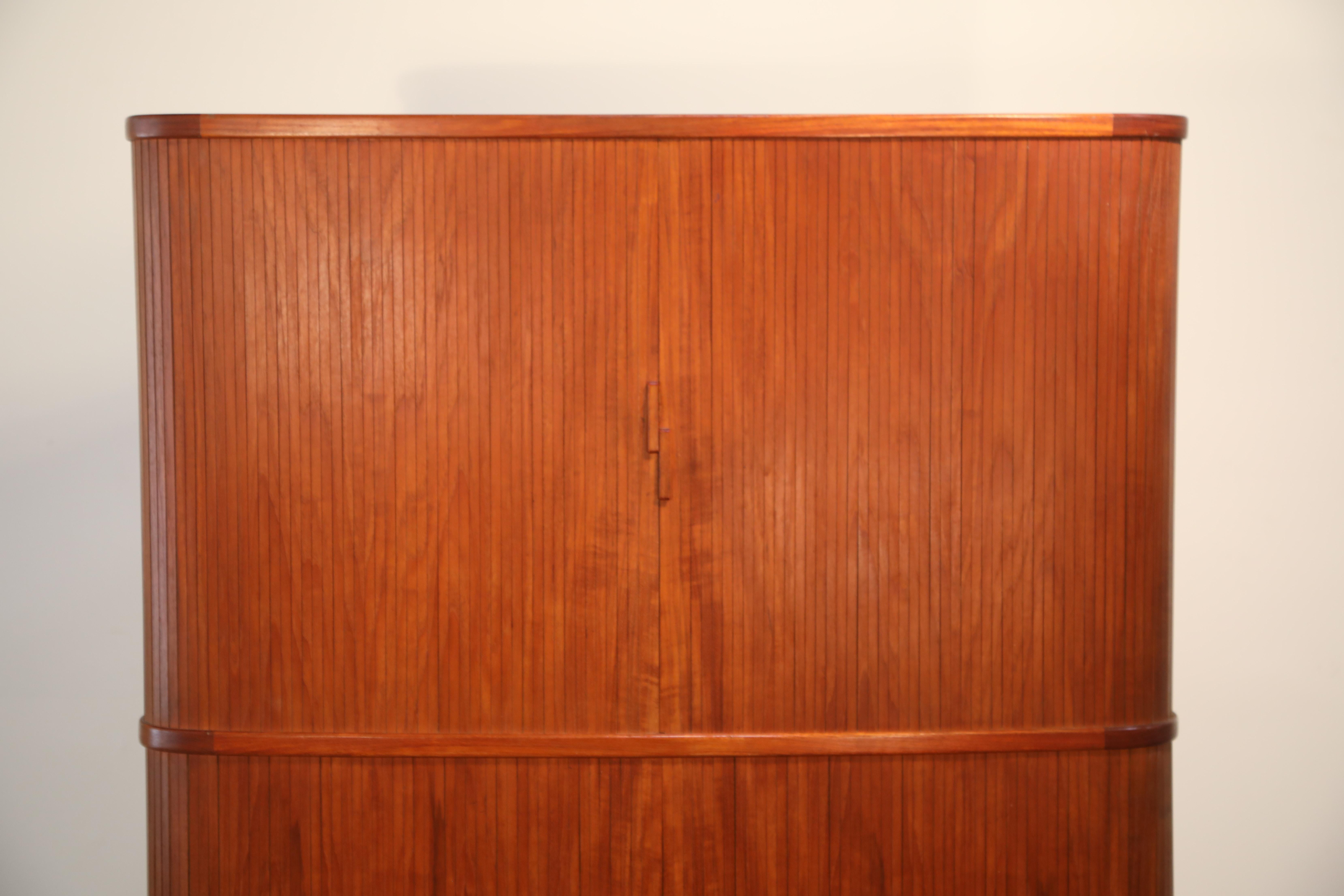 Danish Mid-Century Modern Teak Corner Cabinet with Tambour Doors and Slide Out Table