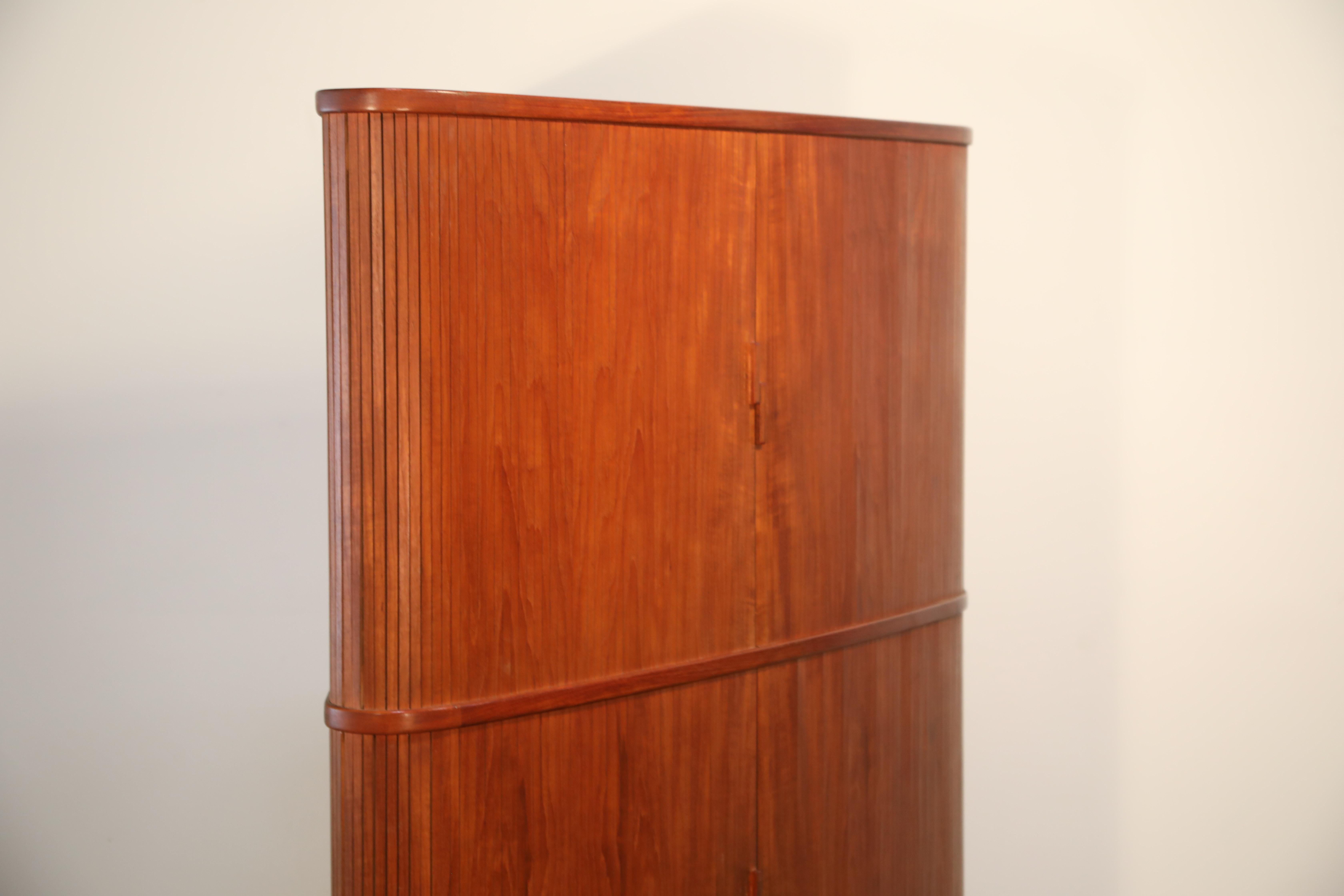 Mid-20th Century Mid-Century Modern Teak Corner Cabinet with Tambour Doors and Slide Out Table