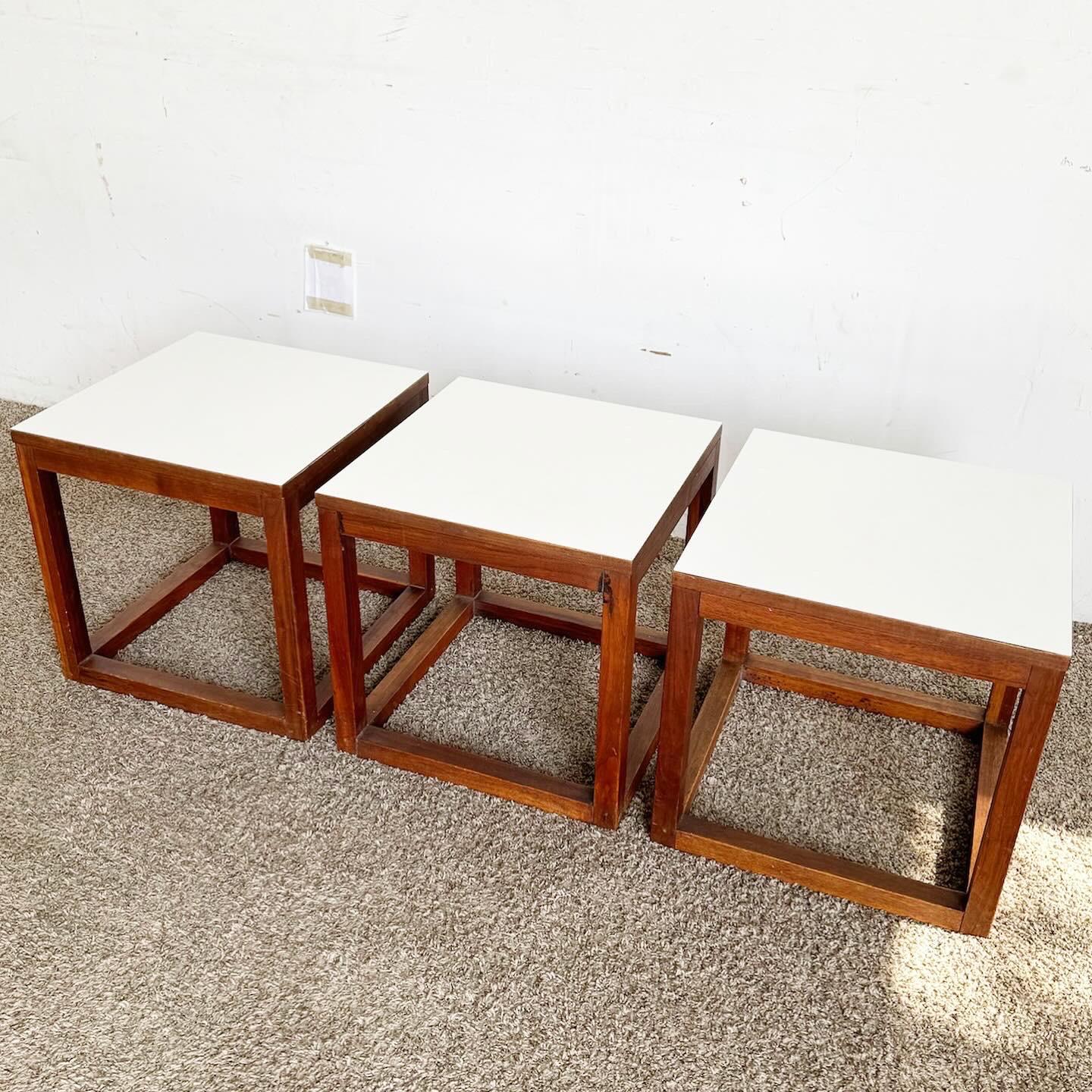 Mid Century Modern Teak Cubic Side Tables - Set of 3 In Good Condition For Sale In Delray Beach, FL