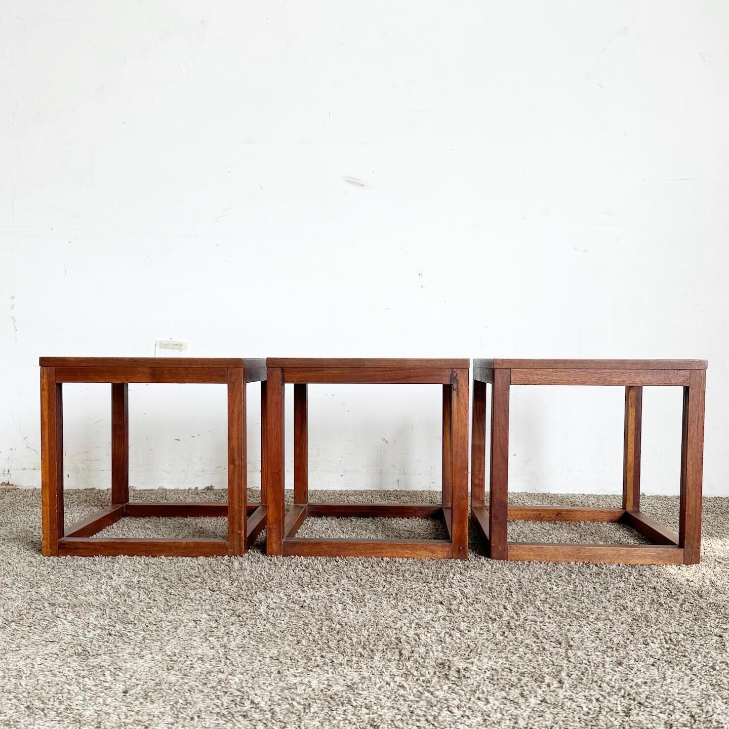 20th Century Mid Century Modern Teak Cubic Side Tables - Set of 3 For Sale