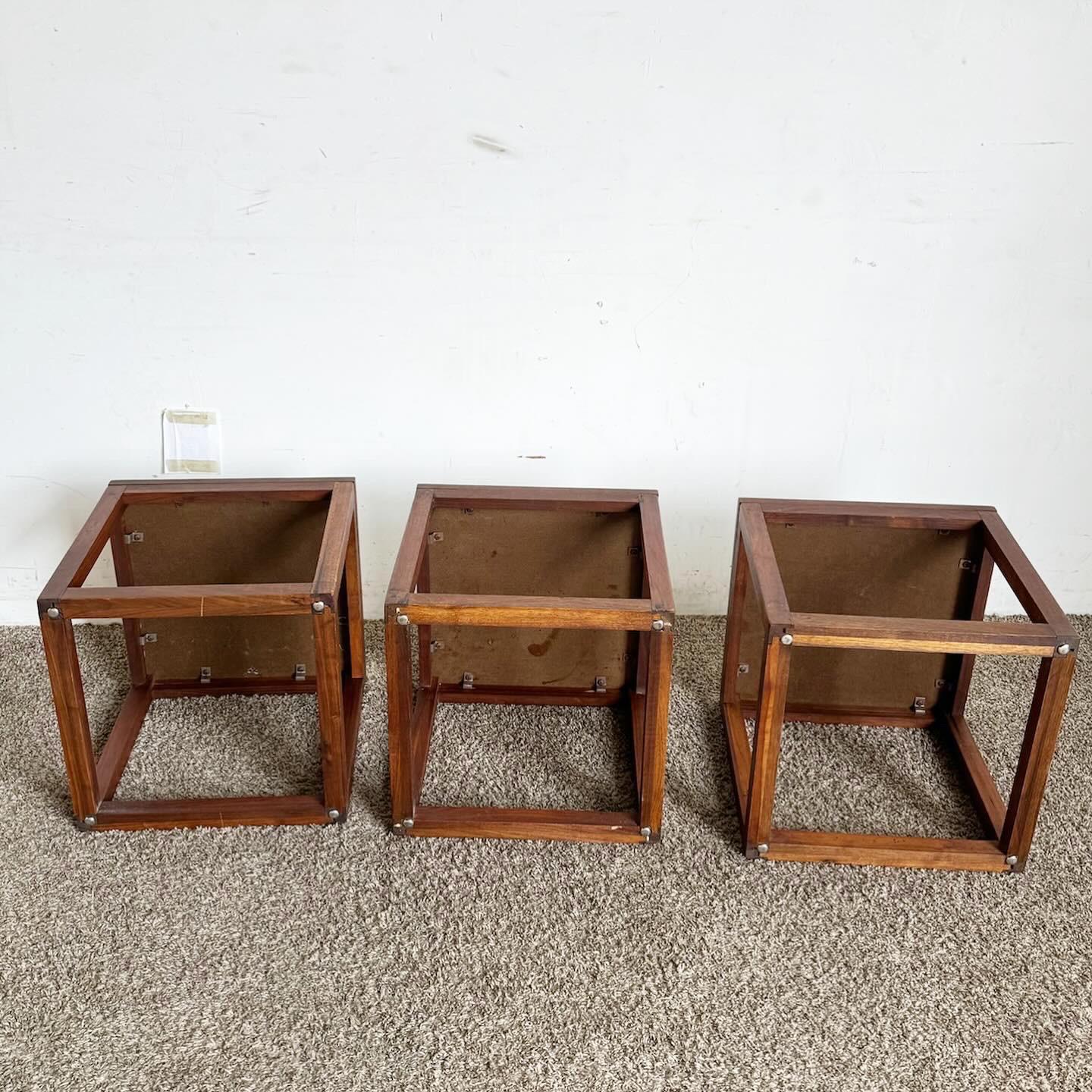 Mid Century Modern Teak Cubic Side Tables - Set of 3 For Sale 1
