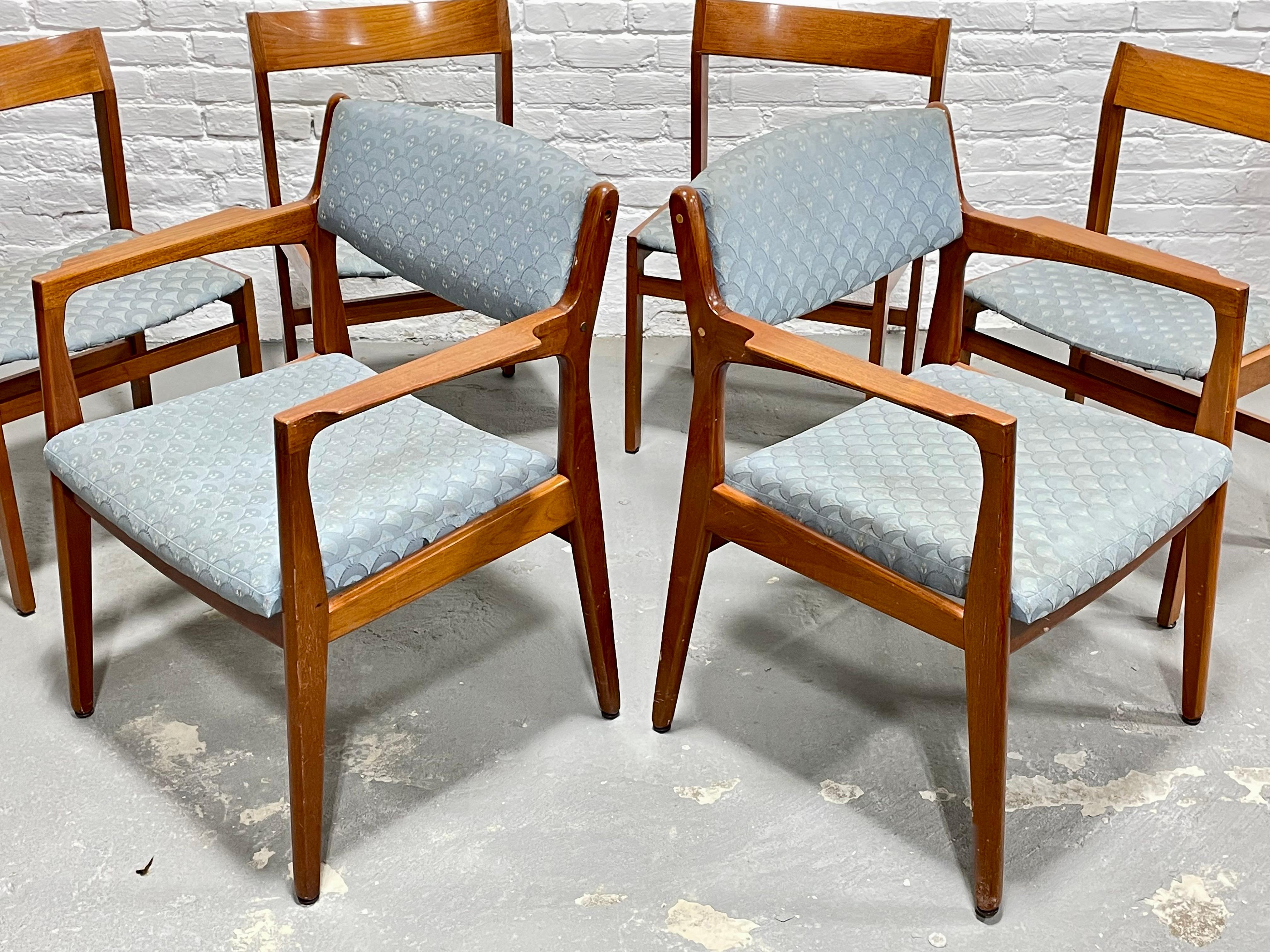 Rare set of Six Mid Century Modern DANISH Dining Chairs by Knud Andersen for C.A. Jensen, c. 1960's.  The chairs are all solid wood and the side chairs have the most awesome contoured dimensional backrests. The two armchairs have generous seats and