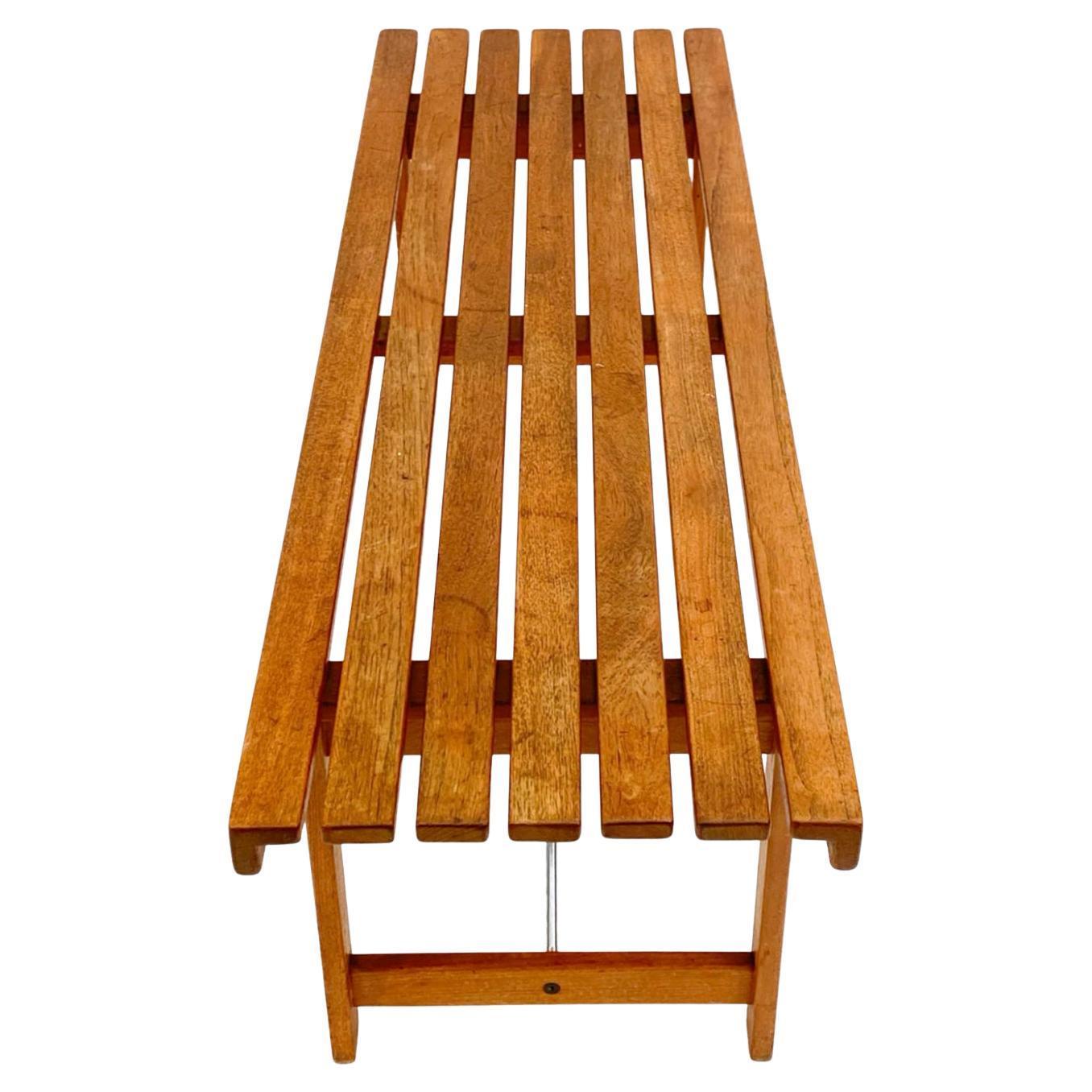 Scandinavian Modern Mid century modern teak danish slat bench with chrome braces For Sale