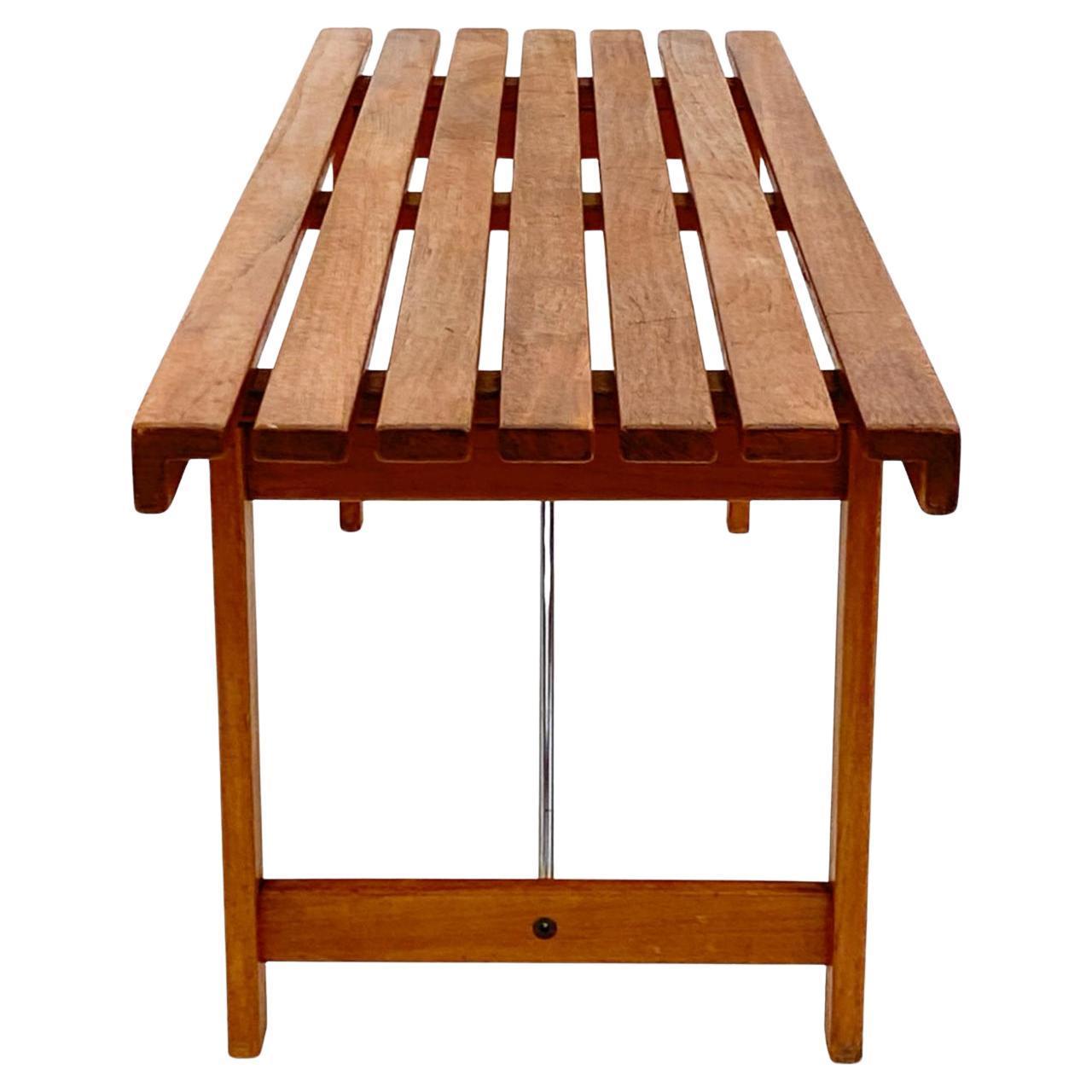 Danish Mid century modern teak danish slat bench with chrome braces For Sale