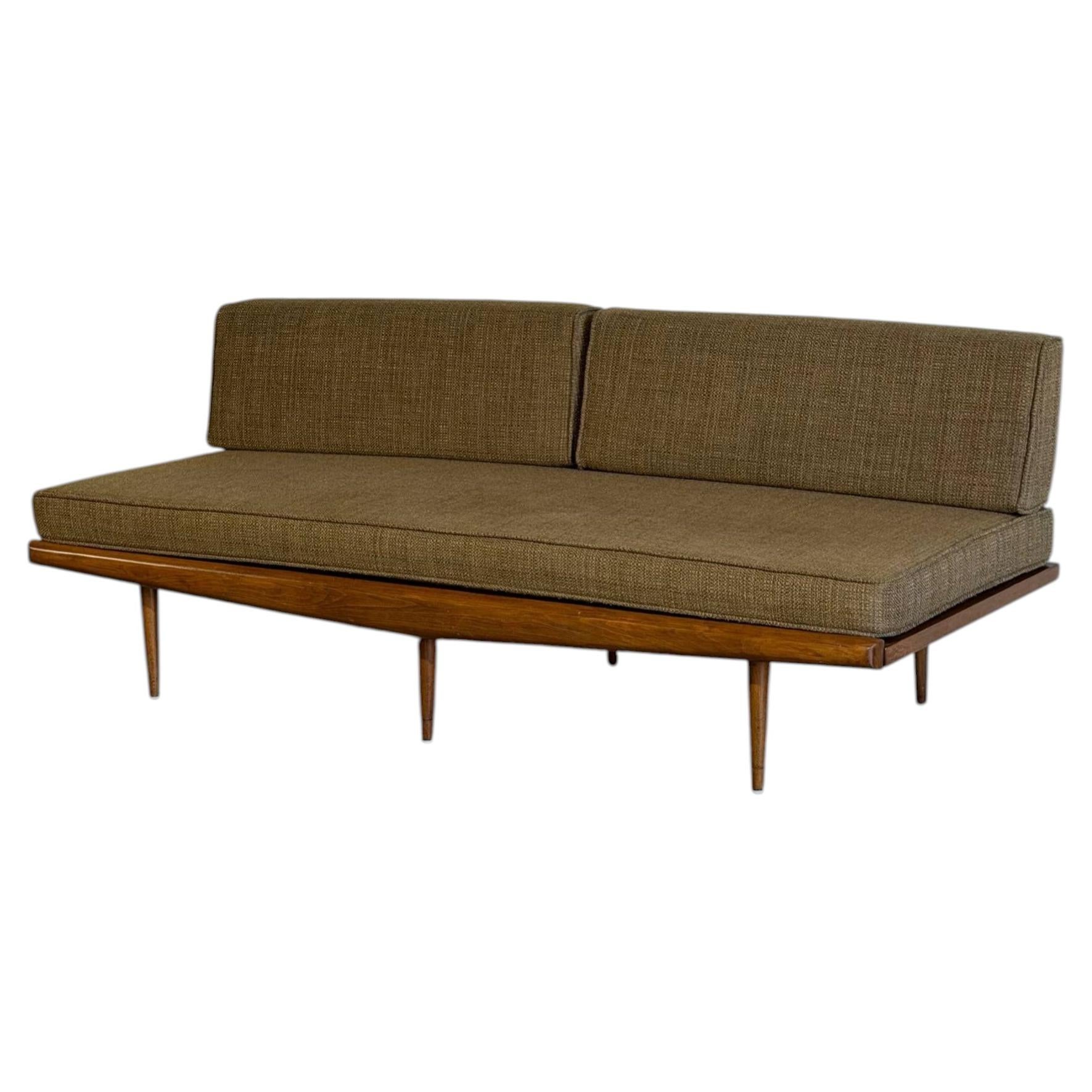 Mid-Century Modern Teak Daybed Sofa with Floating Wood Frame and Exposed Back For Sale