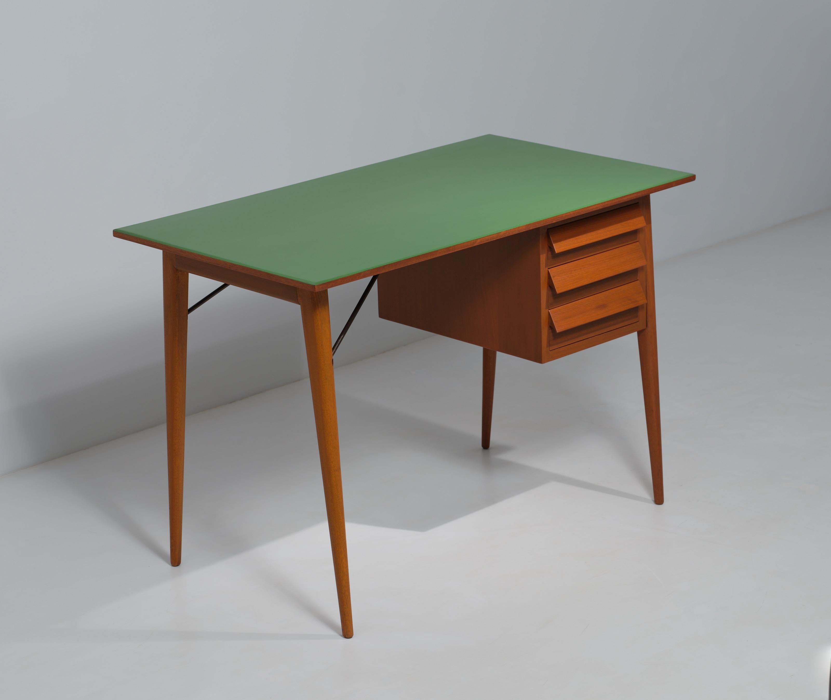Italian Mid-Century Modern Teak Desk with Green Lacquer and Meticulous Restoration