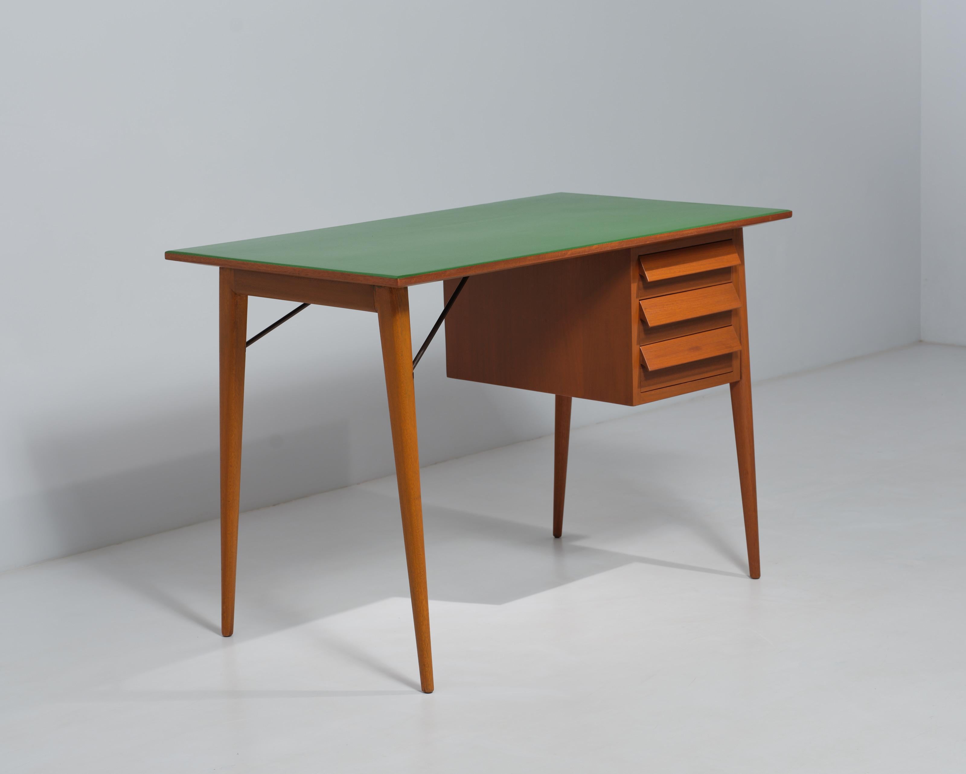 Mid-20th Century Mid-Century Modern Teak Desk with Green Lacquer and Meticulous Restoration