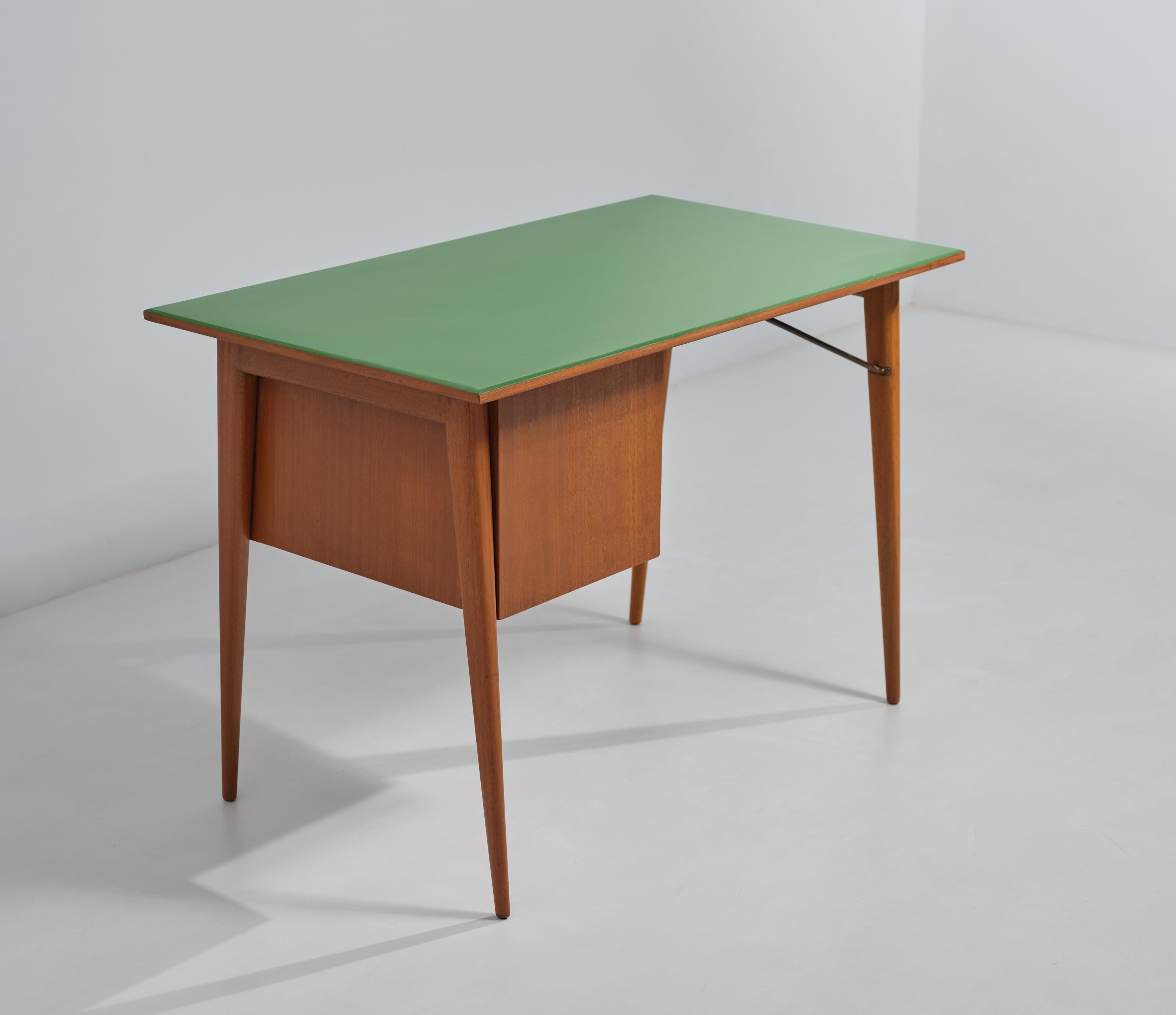 Iron Mid-Century Modern Teak Desk with Green Lacquer and Meticulous Restoration