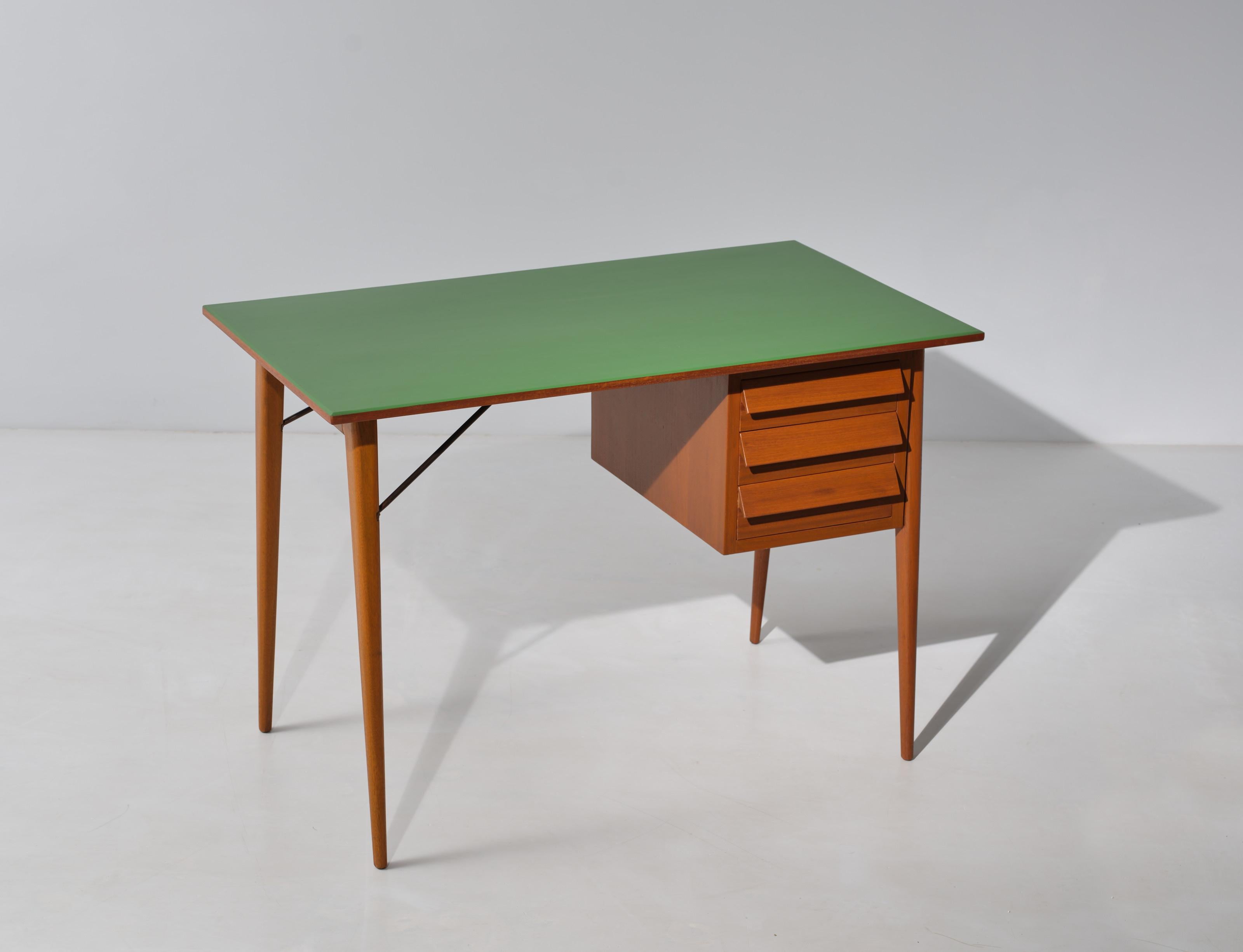 Mid-Century Modern Teak Desk with Green Lacquer and Meticulous Restoration 1