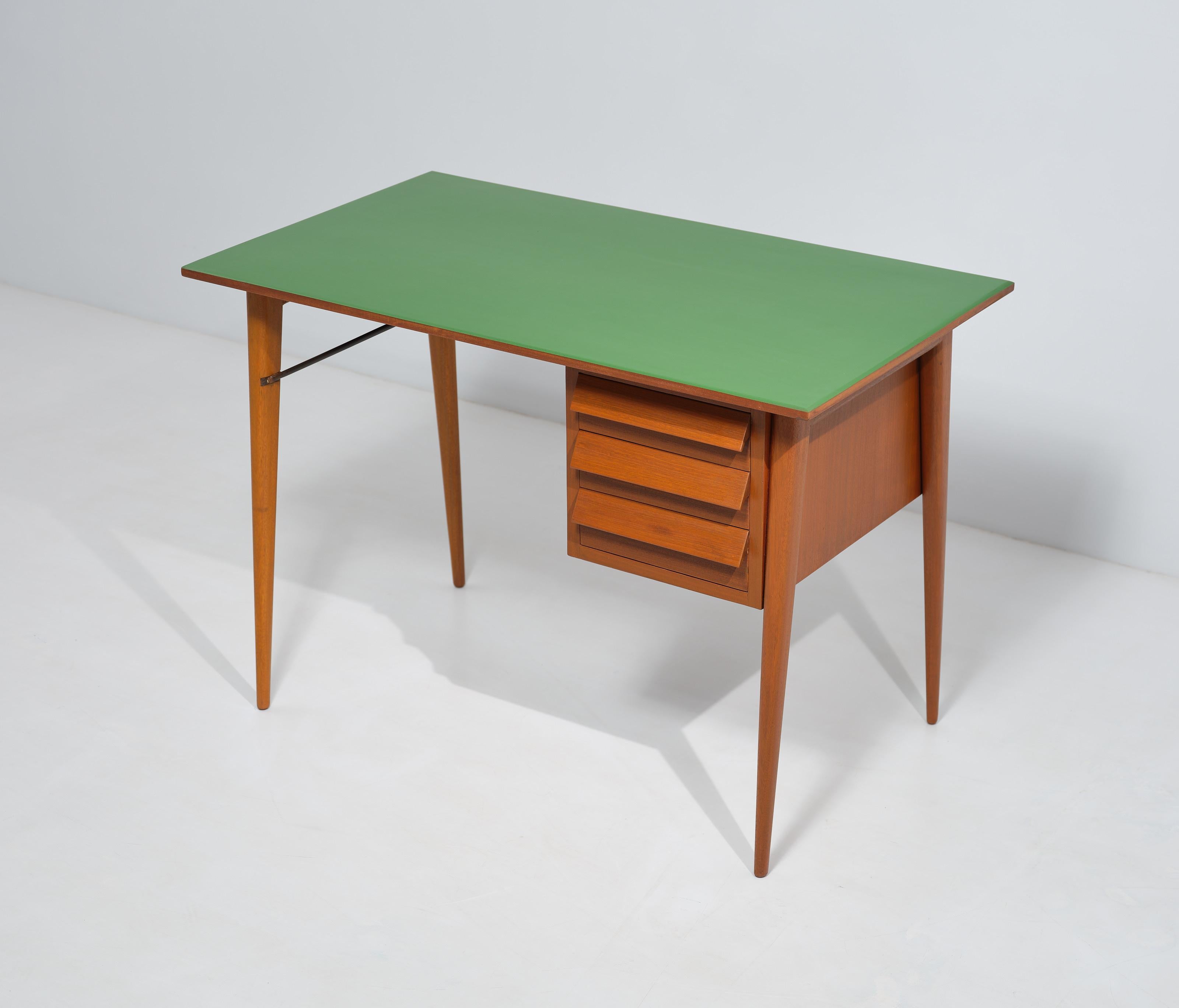 Mid-Century Modern Teak Desk with Green Lacquer and Meticulous Restoration 2