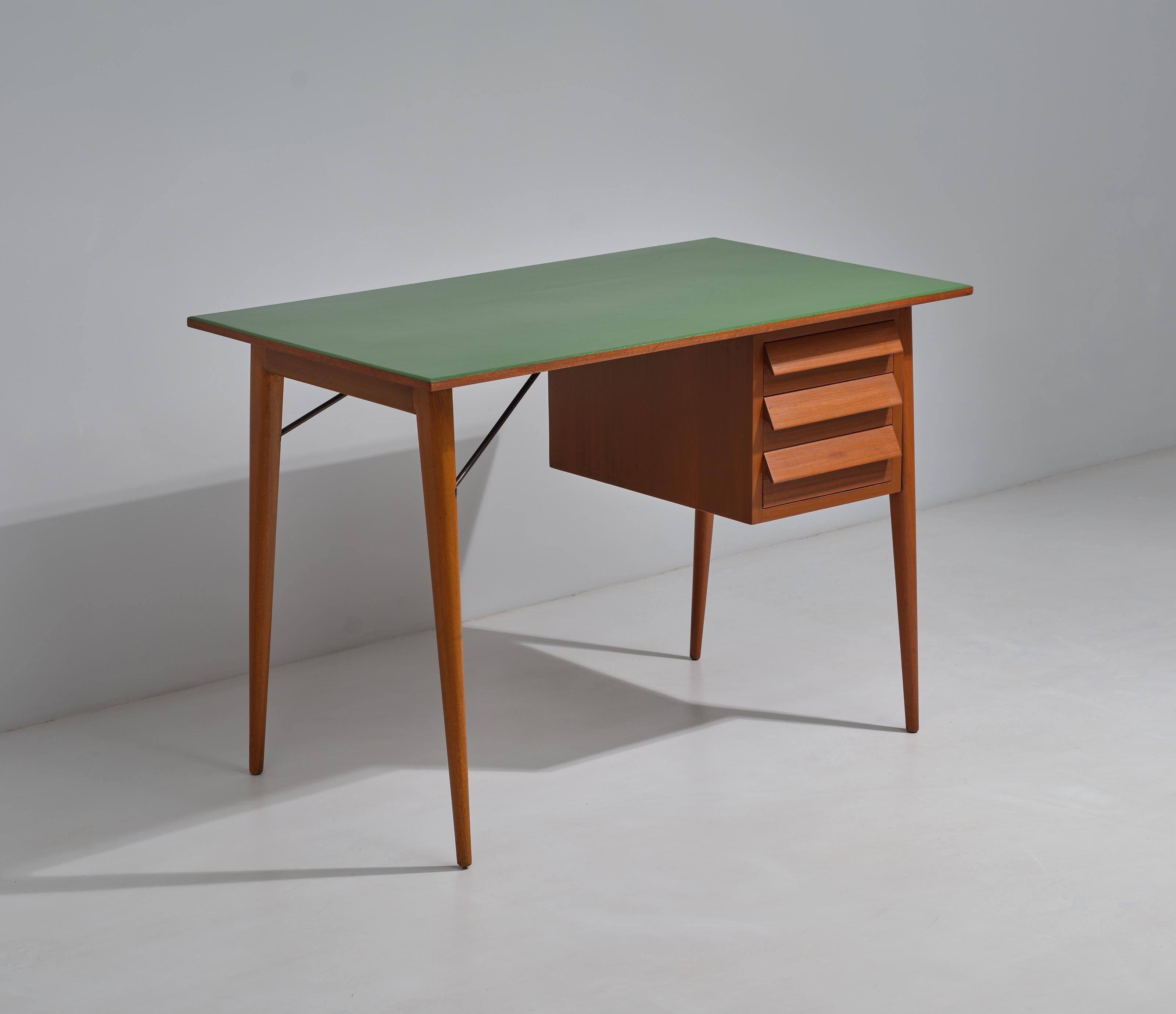 Mid-Century Modern Teak Desk with Green Lacquer and Meticulous Restoration 3