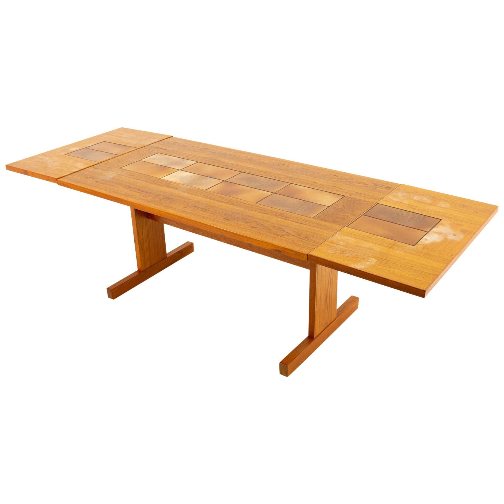 Textile Mid-Century Modern Teak Dining Table with Tile Inlay For Sale