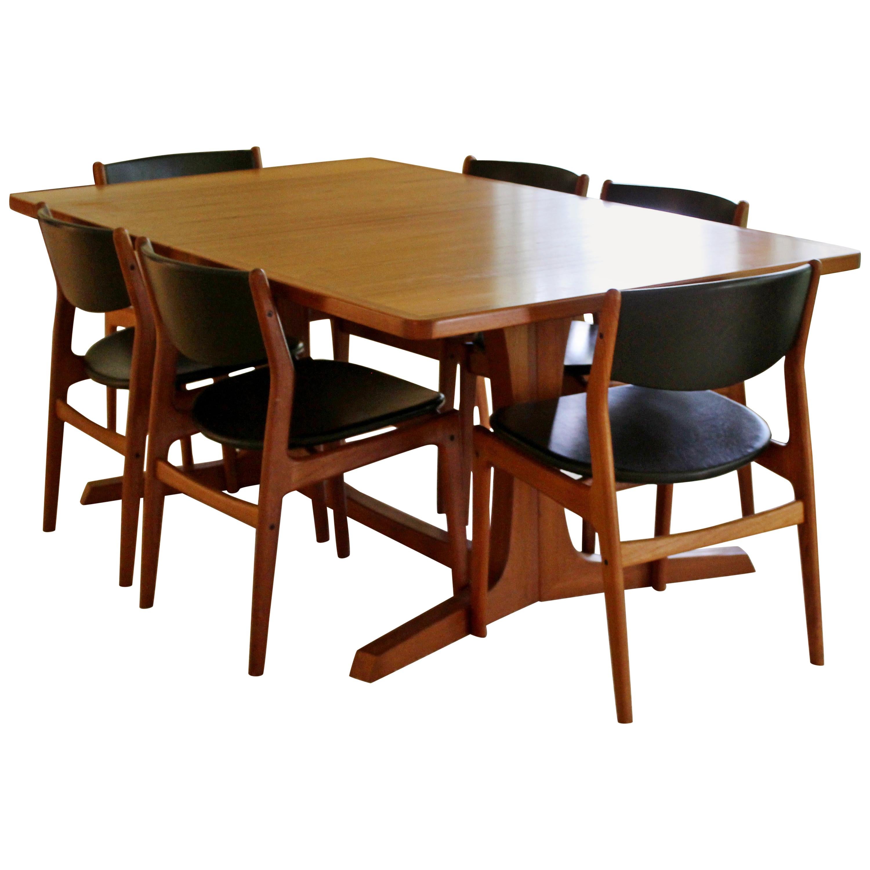 Mid-Century Modern Teak Expandable Dining Set Table, 2 Leaves, 6 Chairs Danish