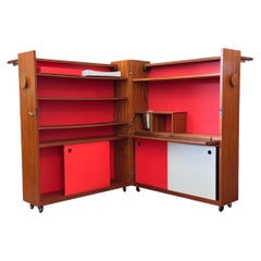 Mid Century Modern Teak Folding Bar with Red Interior