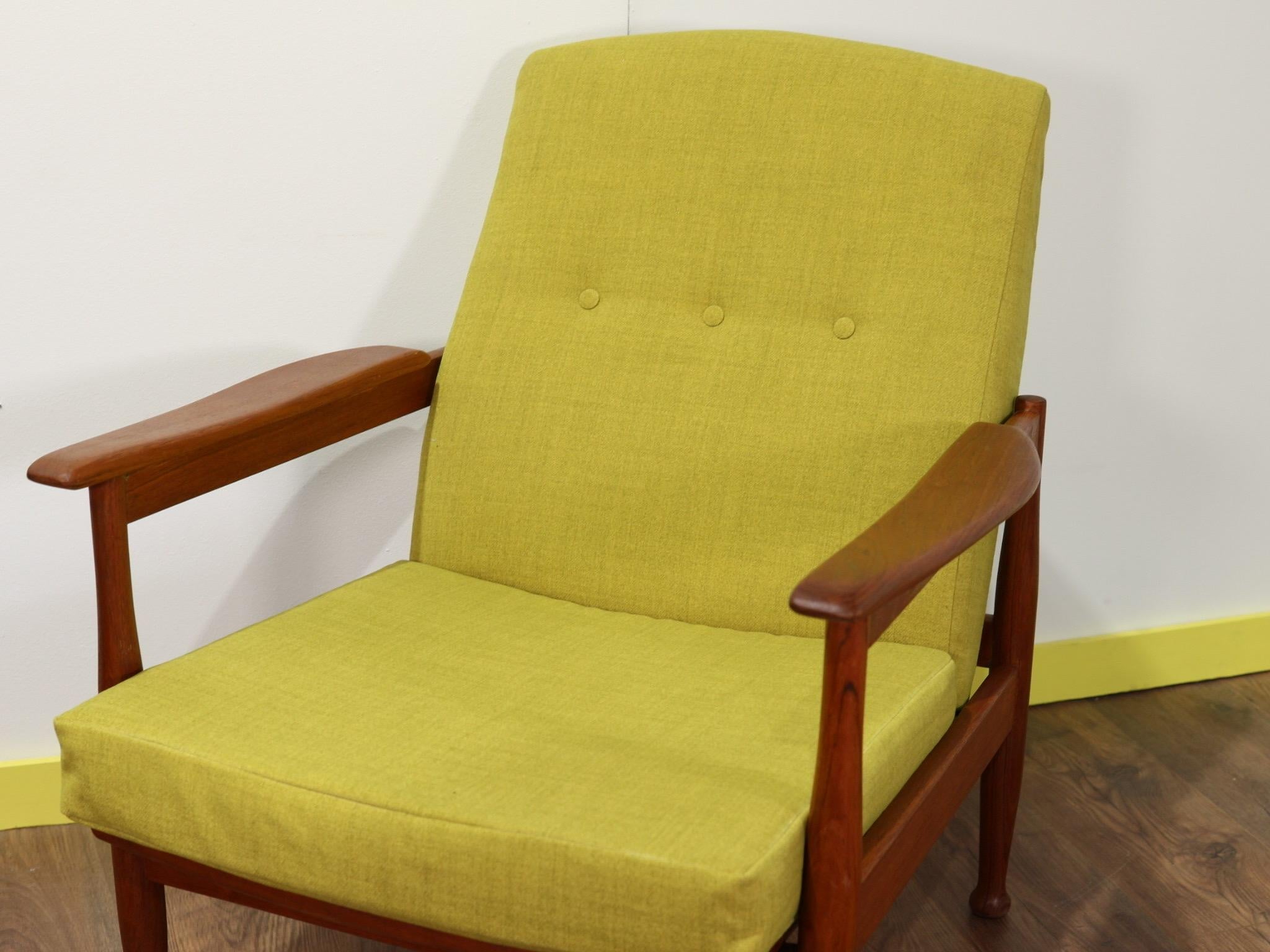 British Mid-Century Modern Teak Frame Danish Style Reclining Lounge Chair by Guy Rodgers For Sale