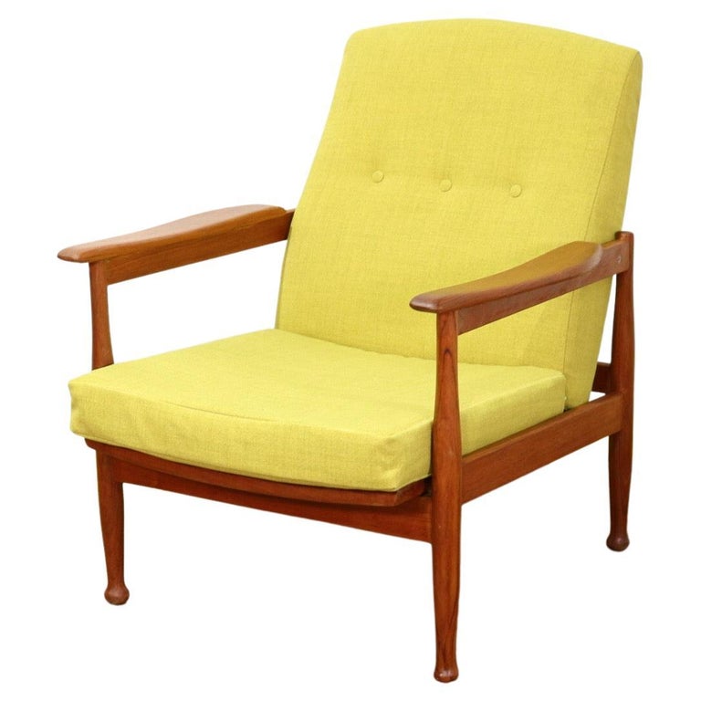 MidCentury Modern Teak Frame Danish Style Reclining Lounge Chair by