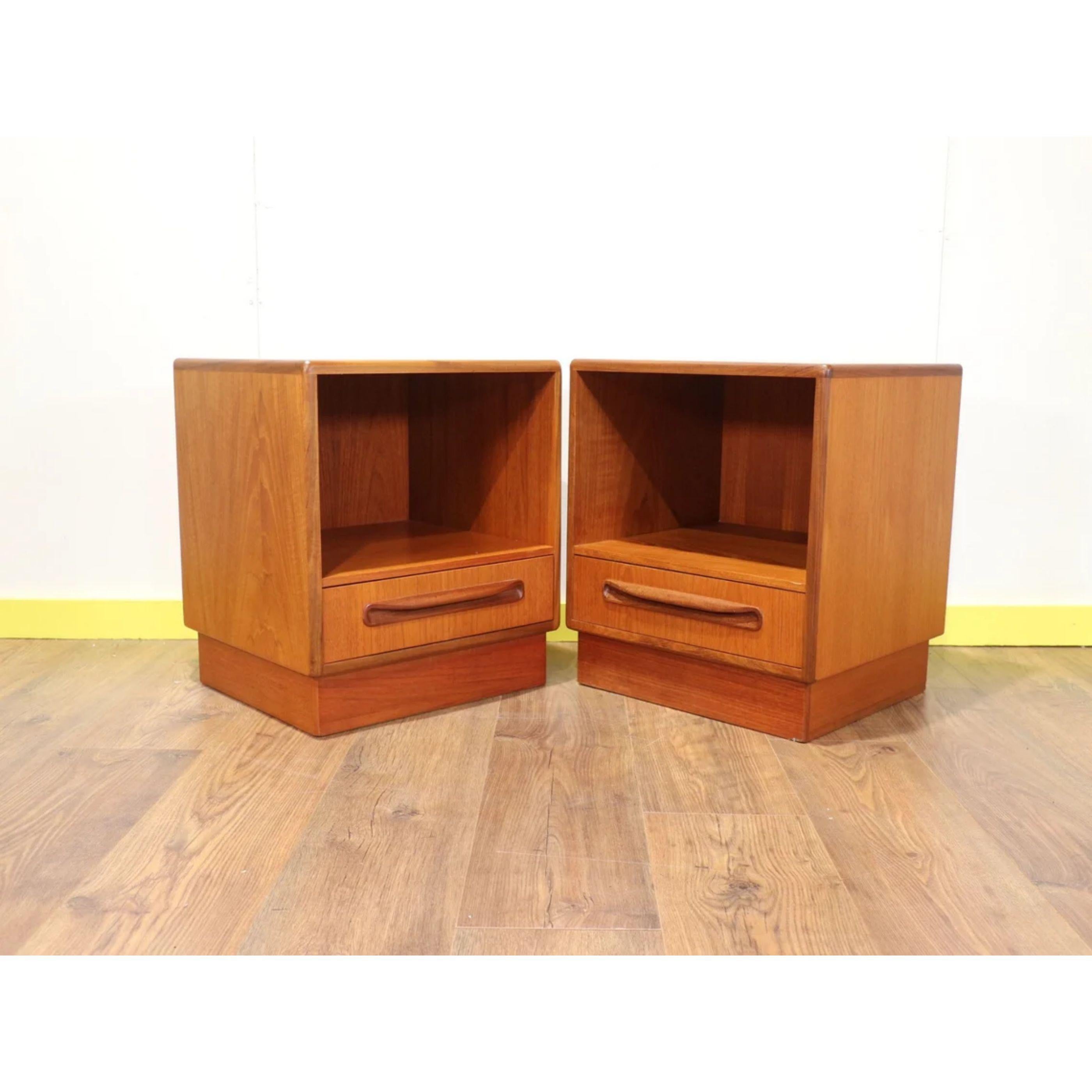 These delightful nightstand chests are designed by Victor Wilkins and produced by British furniture manufacturing company G-Plan in the mid-twentieth century. G Plan - E. Gomme Ltd were based in High Wycombe, England, a major centre of British