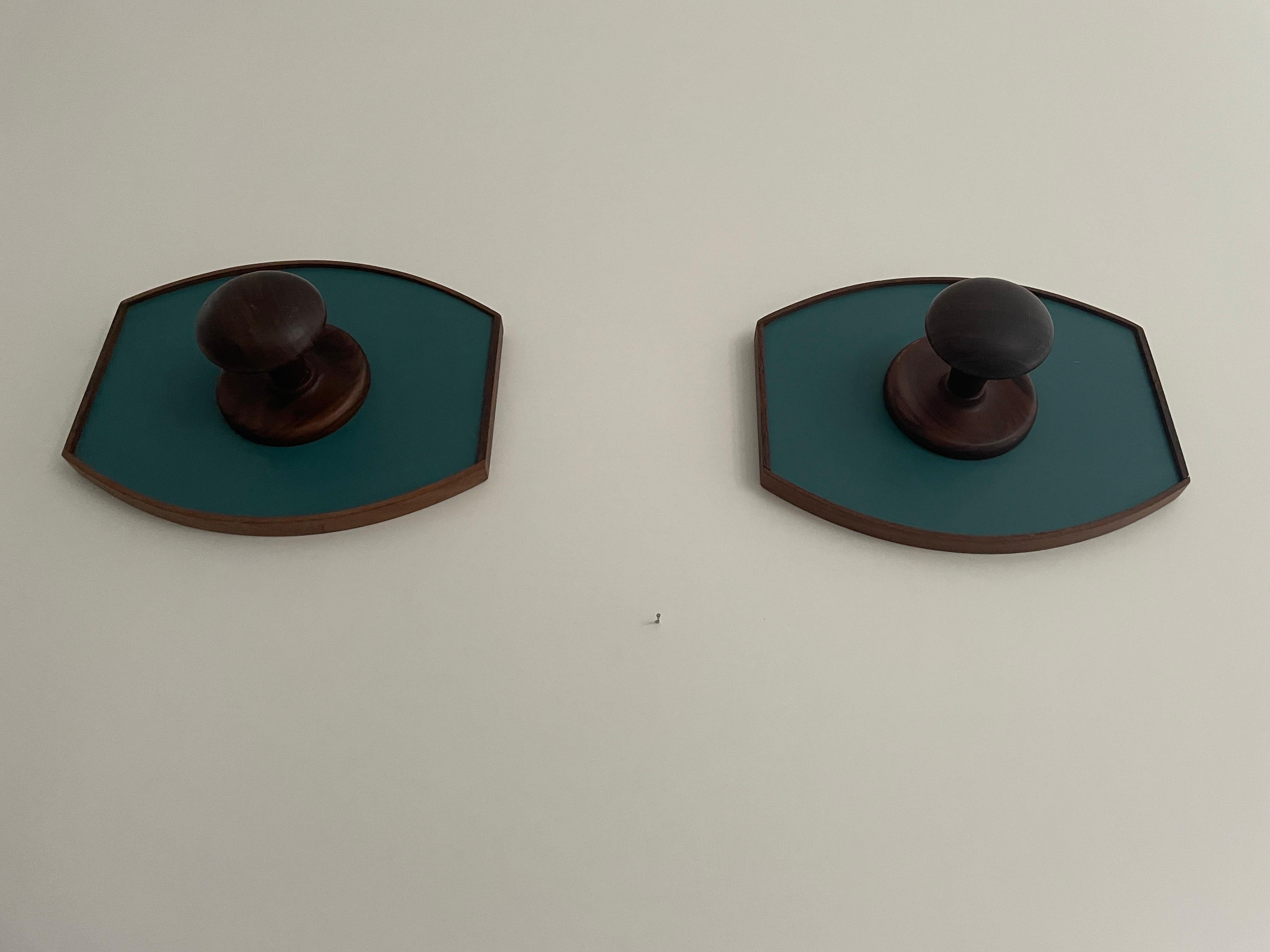 Italian Mid Century Modern Teak Green Design Pair of Clothes Hooks, 1960s, Italy For Sale