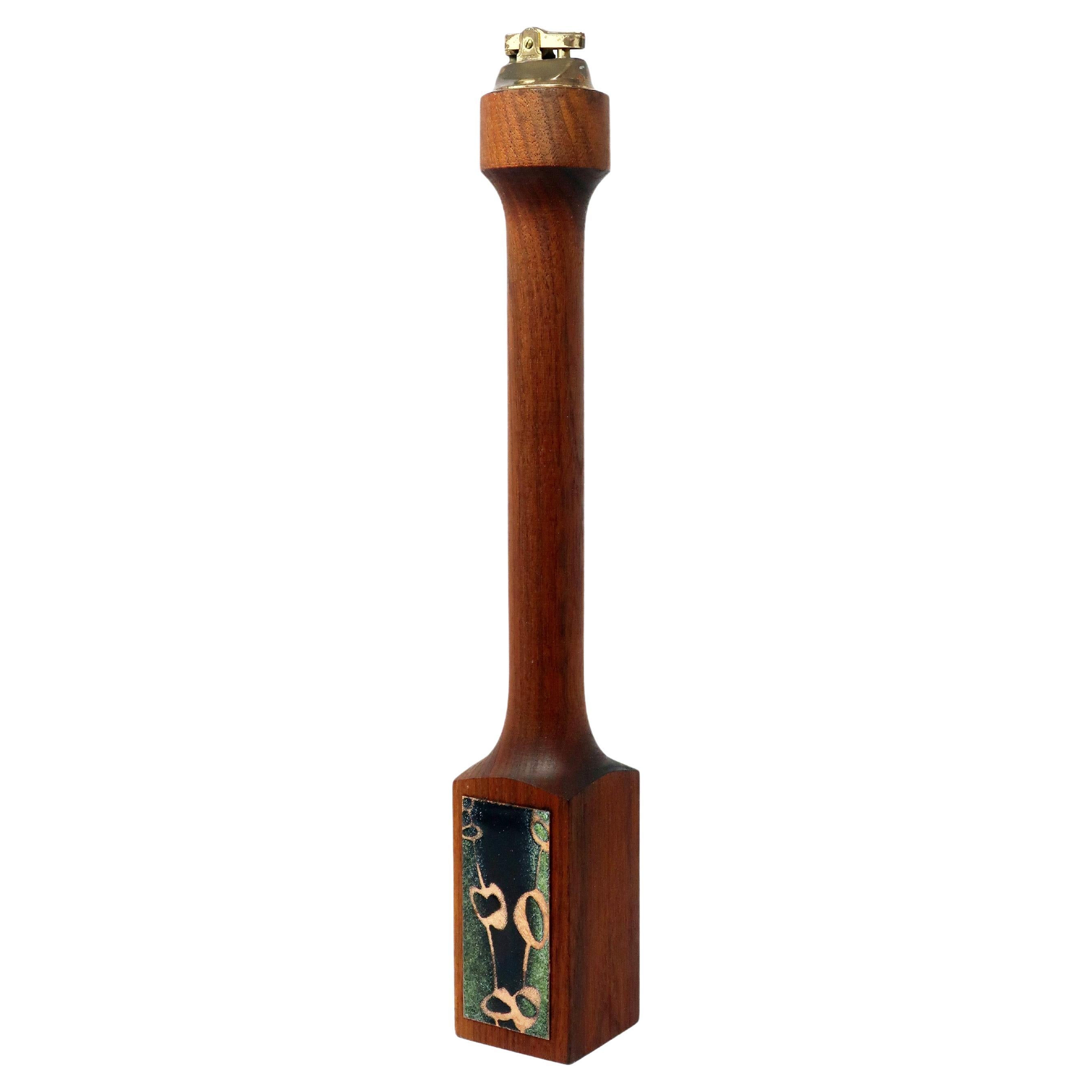 Mid-Century Modern Teak & Green Enameled Metal Table Lighter