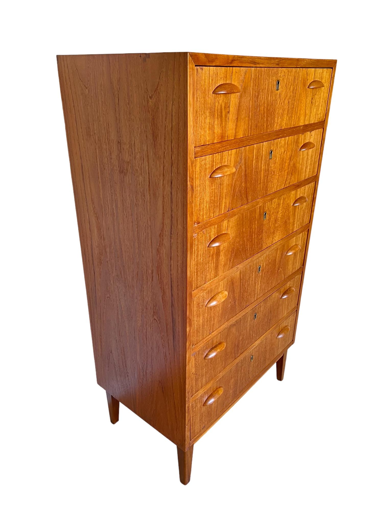 Carved Mid-Century Modern Teak Highboy Dresser, 1950s For Sale