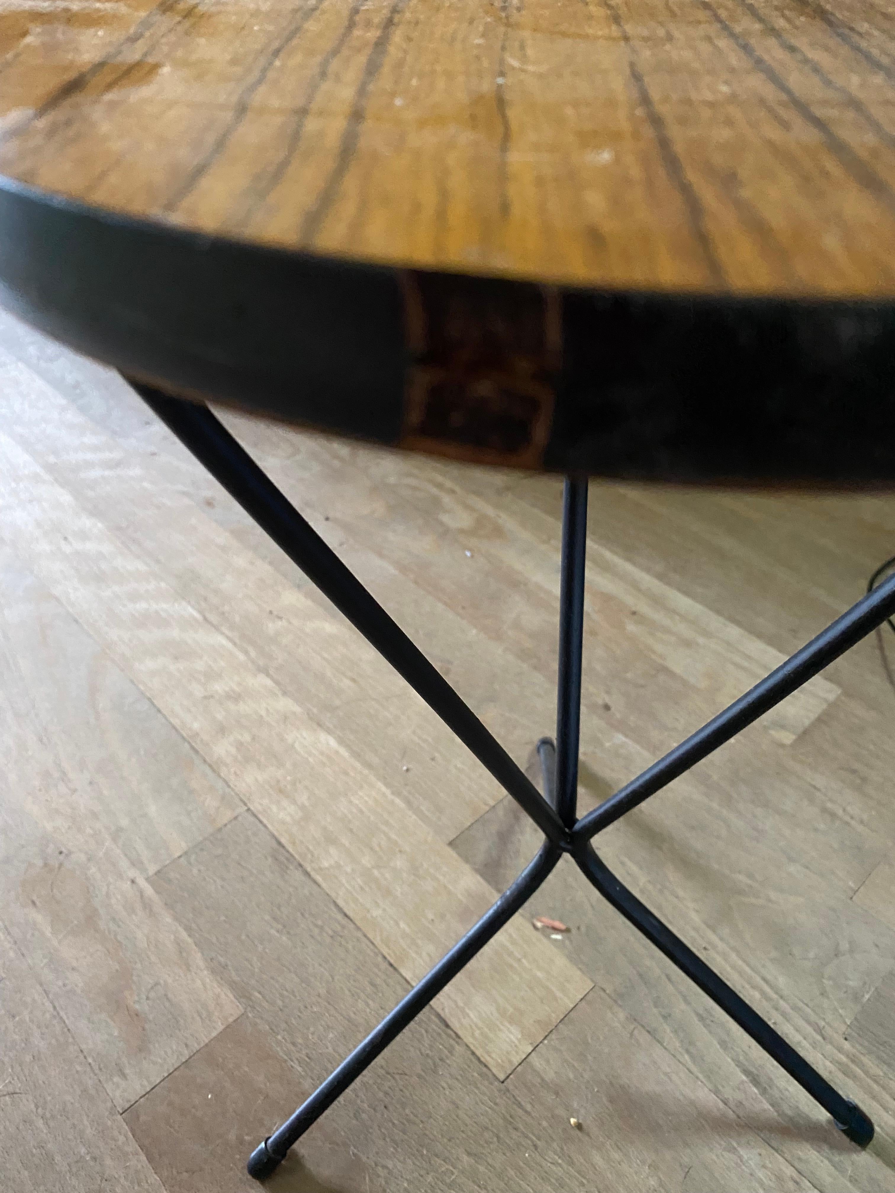 Steel Mid-Century Modern Teak Laminated Tripod Side Table For Sale