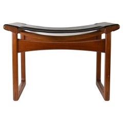 Vintage Mid-Century Modern Teak & Leather Stool by Madsen & Larson For Pontoppidan