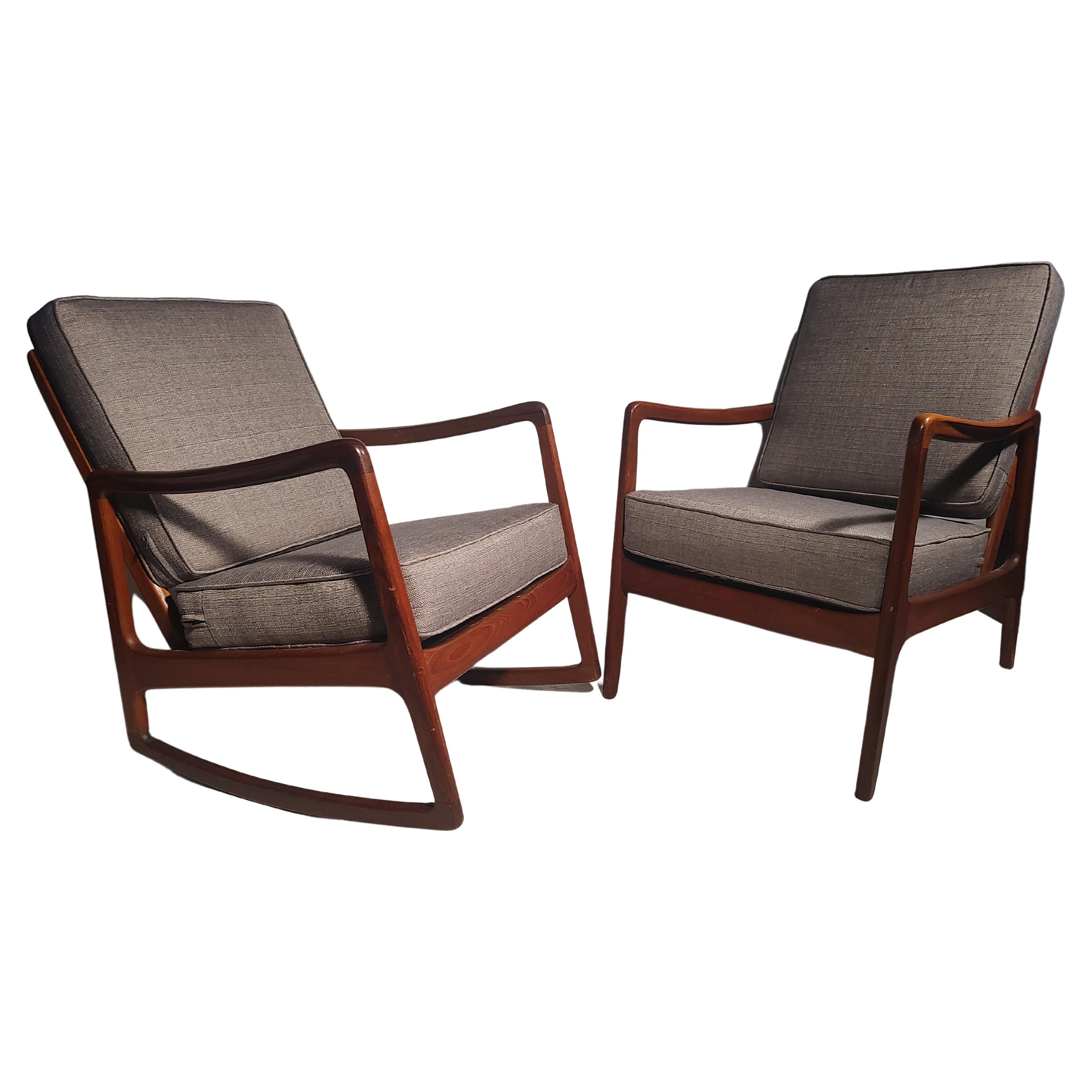 Fabric Mid Century Modern Teak Lounge Chair & Rocking Chair Set by John Stuart  For Sale