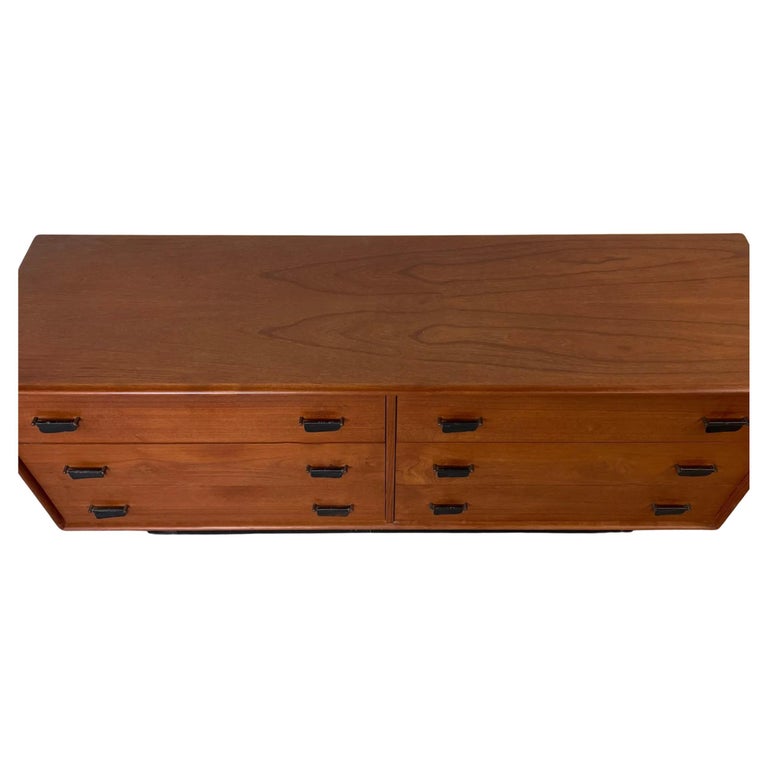 Mid Century Modern Teak low 6 drawer dresser with leather pulls and plinth  base at 1stDibs | black dresser with leather pulls