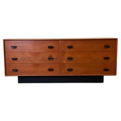 Retro Mid Century Modern Teak low 6 drawer dresser with leather pulls and plinth base