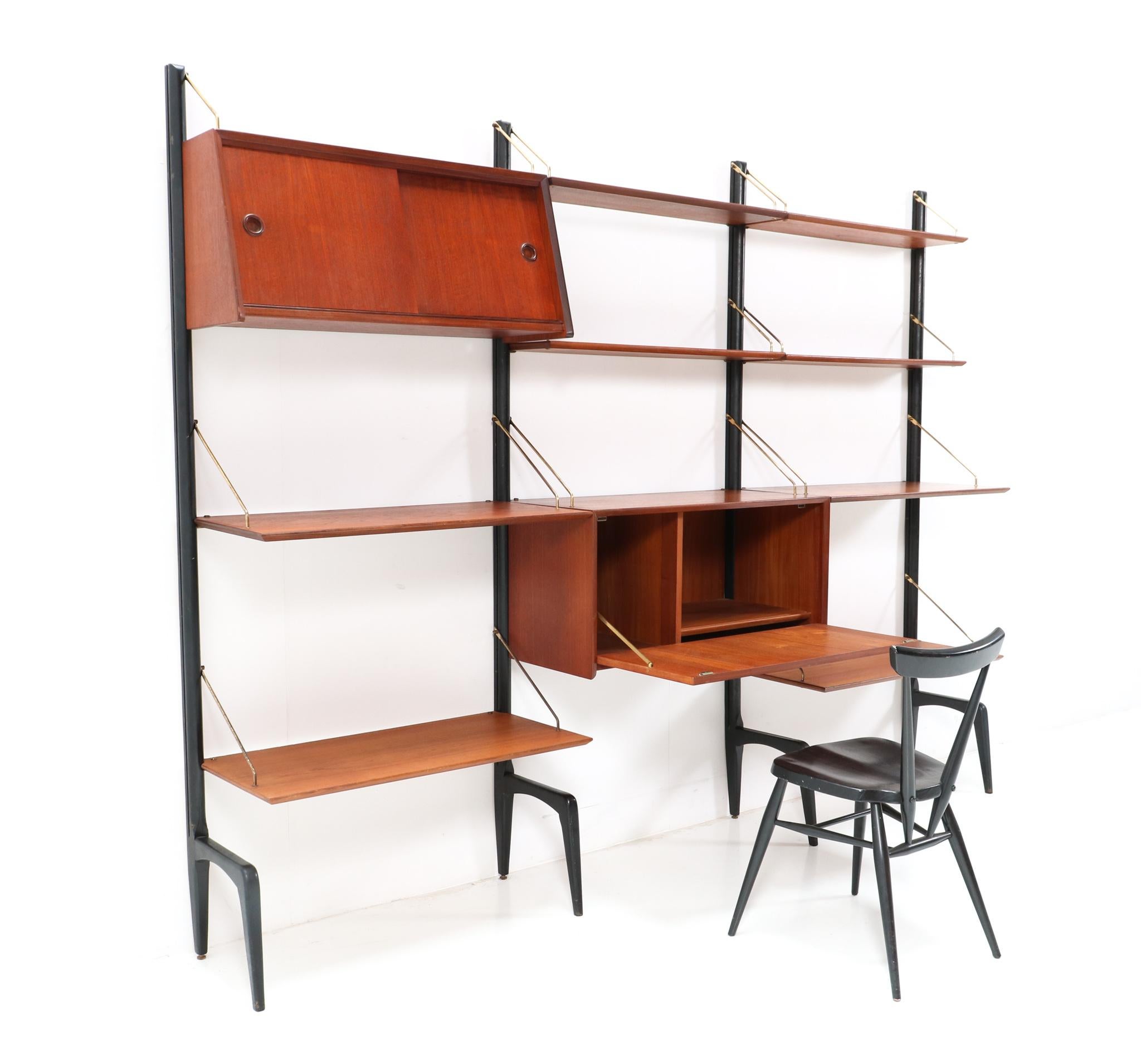 Brass Mid-Century Modern Teak Modular Wall Unit by Louis van Teeffelen for WéBé, 1950s