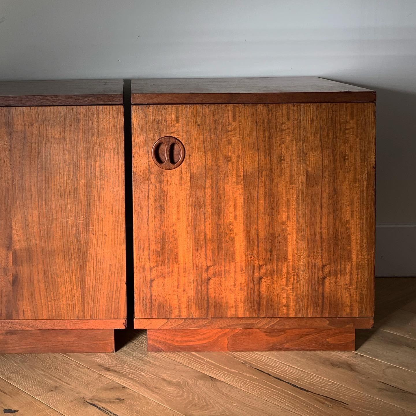Danish school mid century nightstands in teak, a pair, made in Japan 1960s. Minor wear to edges (see photos for detailed closeups) but overall fabulous condition and clean interiors. Pick up in LA or delivery options available. 
Measures: 16” W x