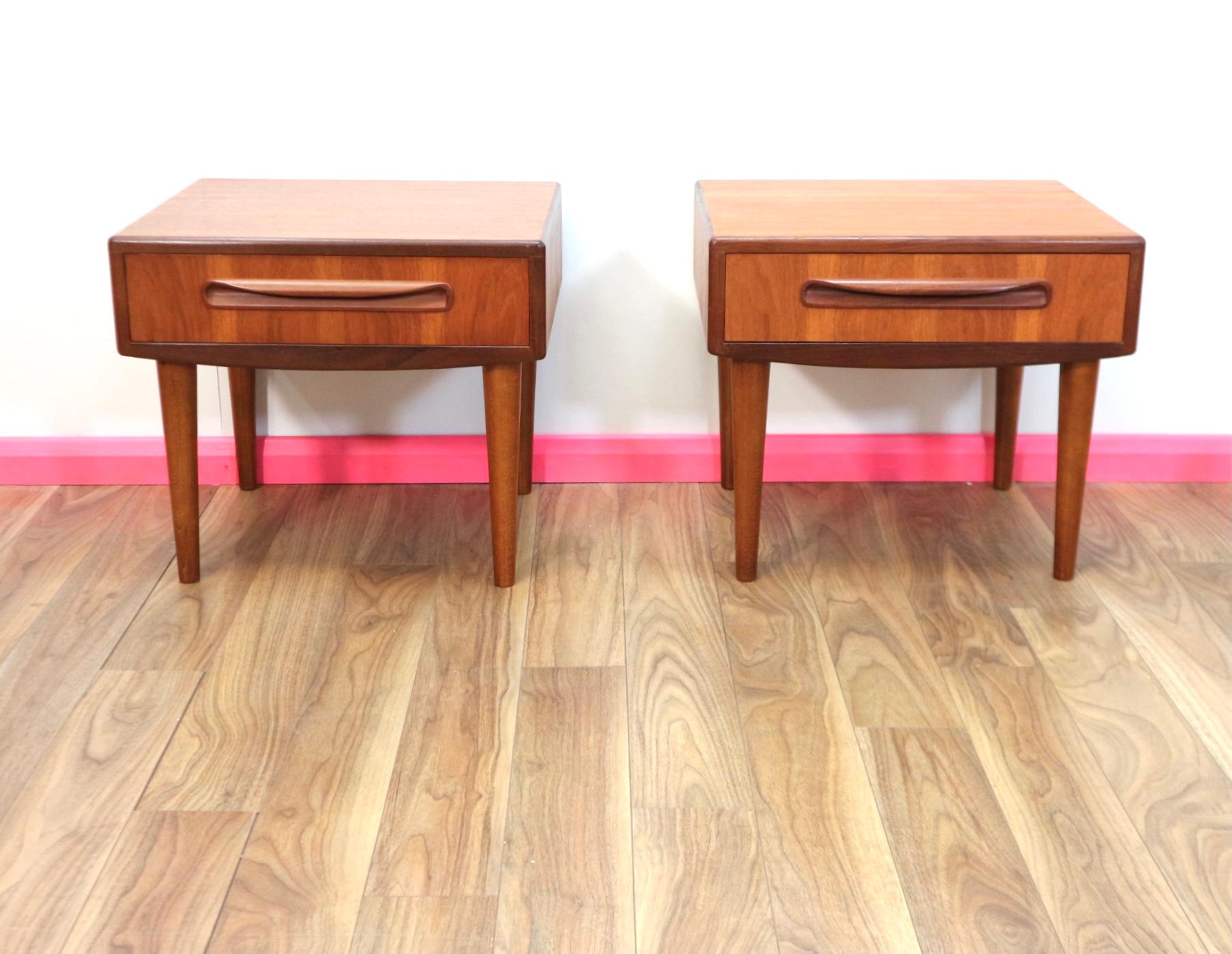 These stunning mid-century nightstands were manufacturedby G Plan in the 1960s.

Produced in teak, the cabinets look great on torpedo legs, with a simple minimalist design they make a striking vintage set. In excellent condition for their