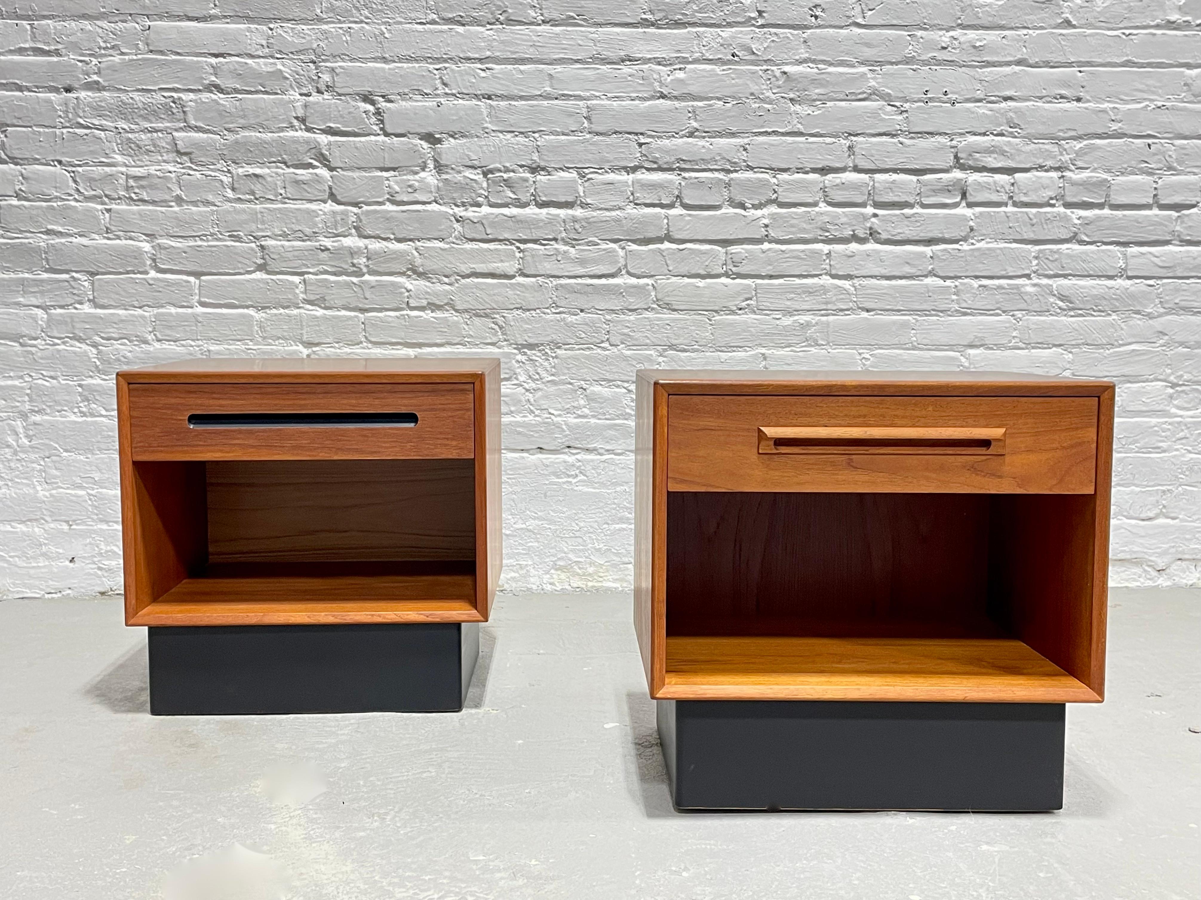Mid-Century Modern teak nightstands by Westnofa, a Pair. Fantastic pair of beautifully designed nightstands featuring a single dovetailed drawer with open storage area below, perfect for your bedtime essentials as well as showcasing design objects