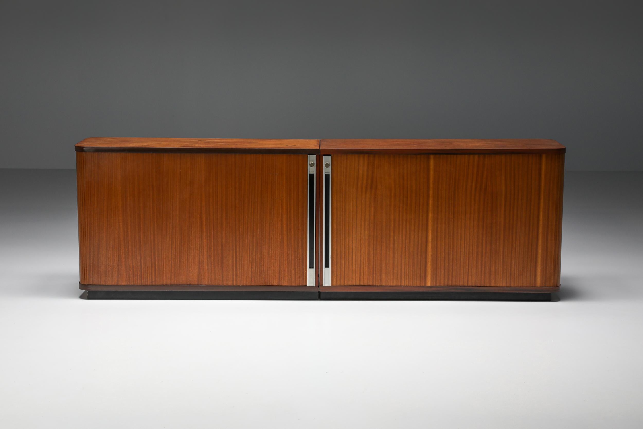 Italian Mid-Century Modern Teak Office Cabinets with Tambour Doors, Knoll, 1980's