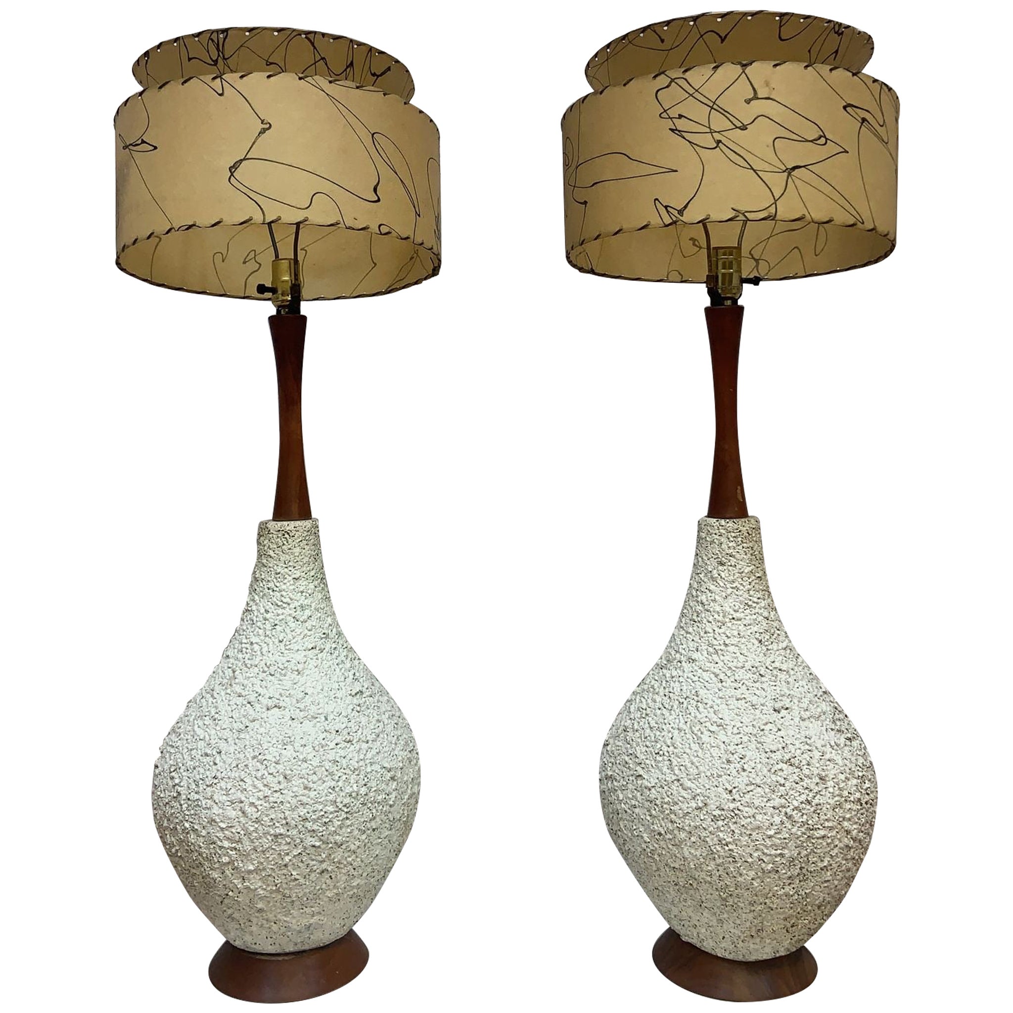 Mid Century Modern Teak Popcorn Base Table Lamps - Pair