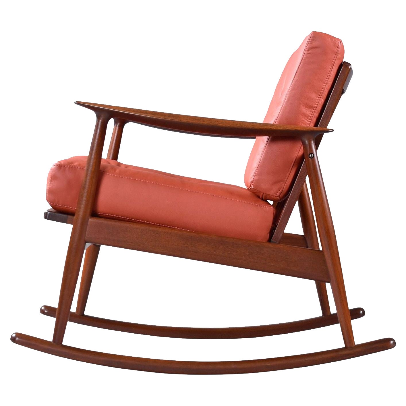 Mid-Century Modern Teak Rocking Chair by Moreddi, Terra Cotta Leather For Sale