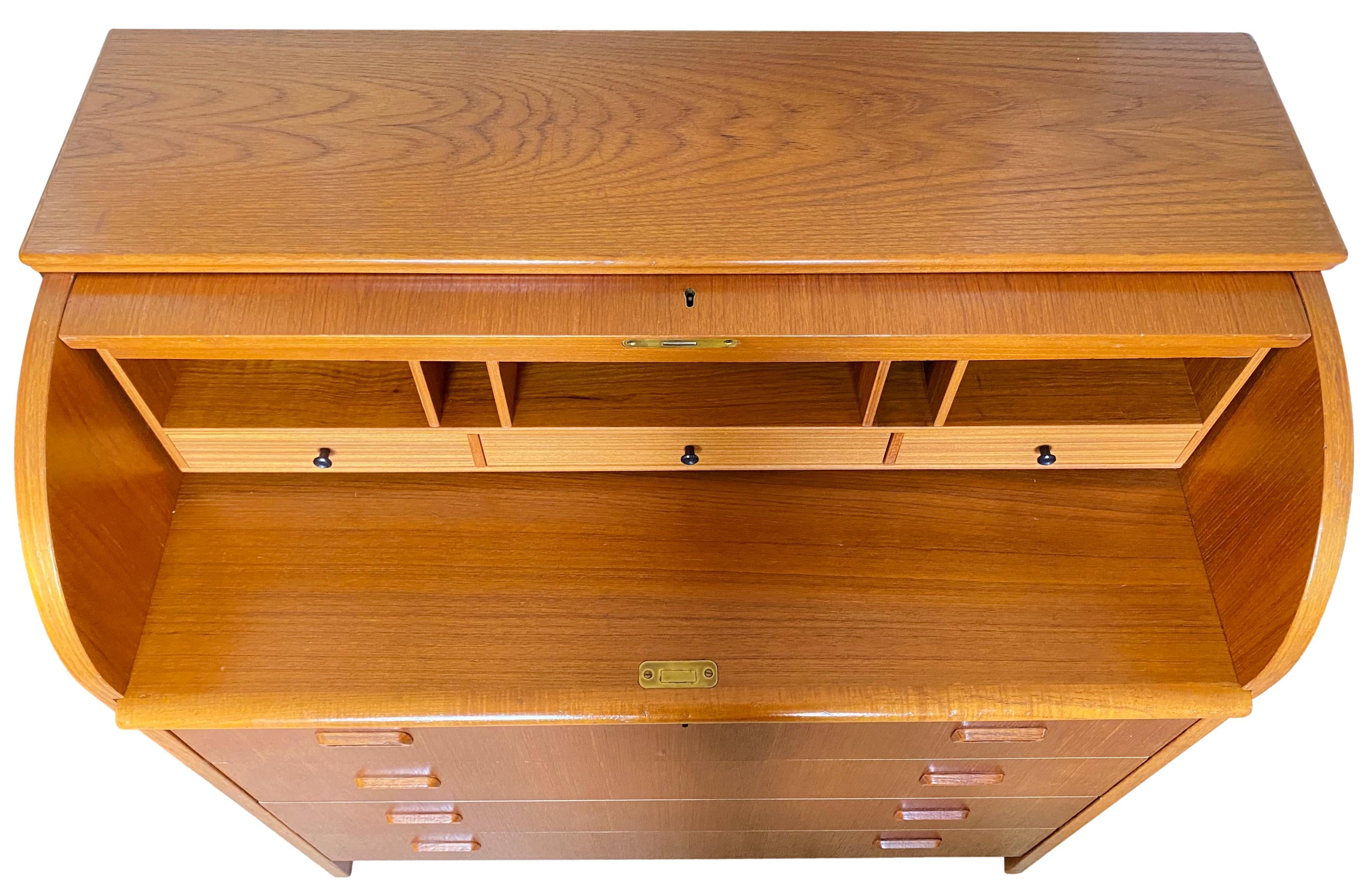 Beveled Mid-Century Modern Teak Rolltop Desk Bureau, 1960s For Sale