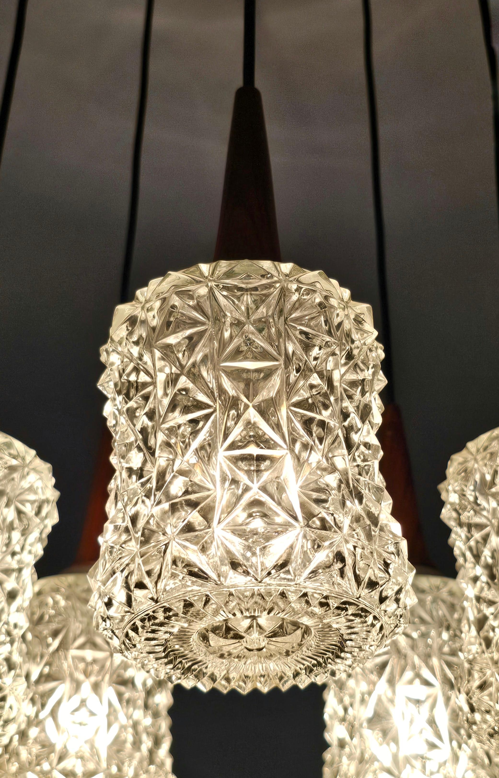 Mid-20th Century Mid Century Modern Teak, Rosewood and Crystal Spider or Cascade Chandelier For Sale