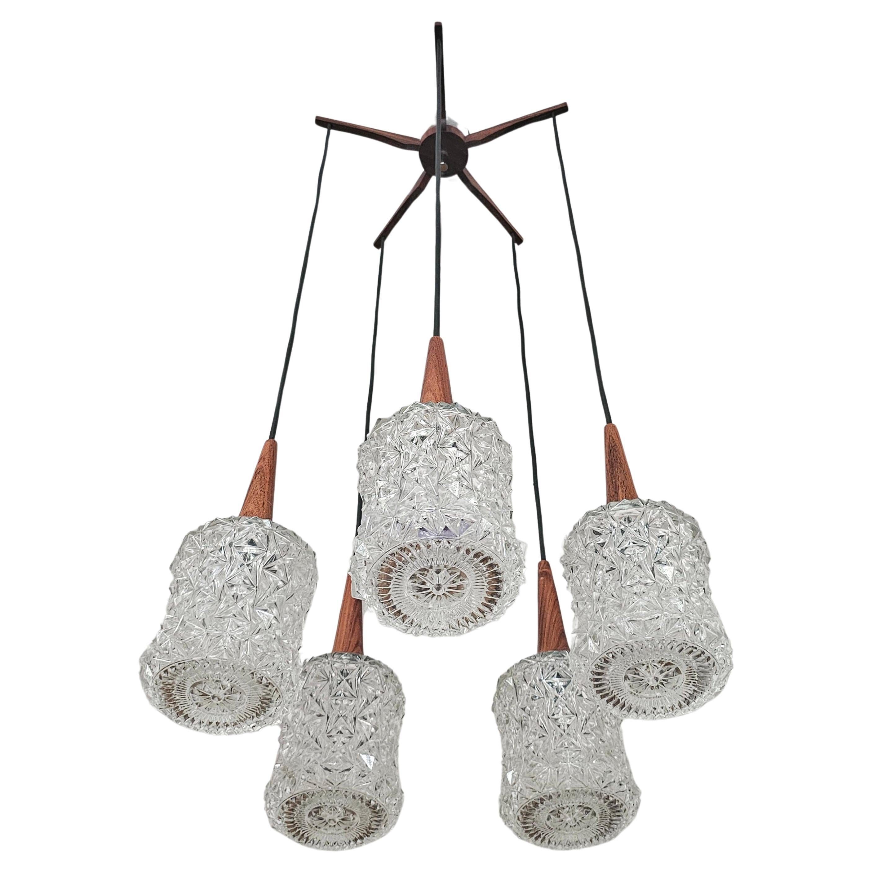 Mid Century Modern Teak, Rosewood and Crystal Spider or Cascade Chandelier