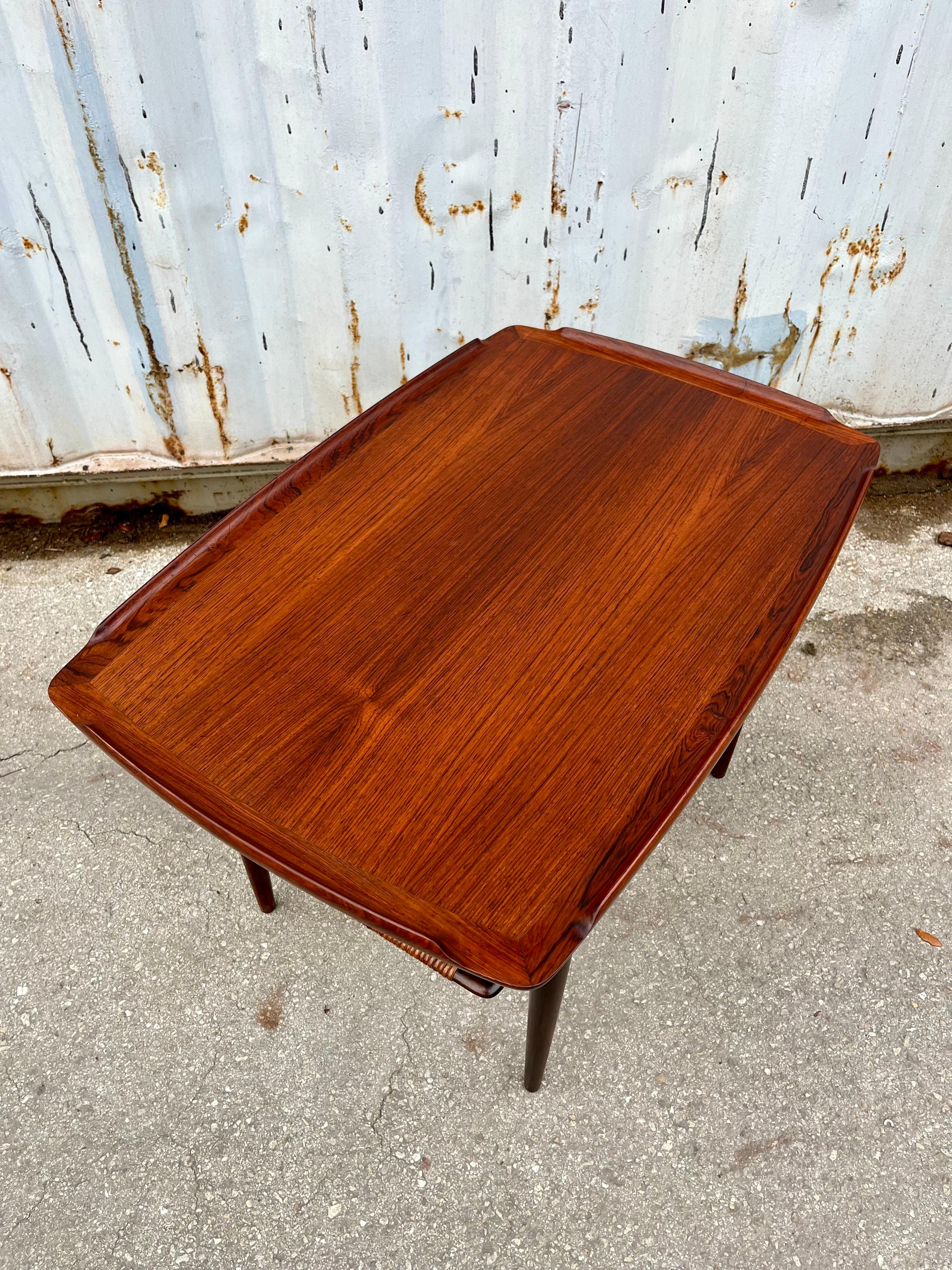 Caning Mid Century Modern Teak Side Table by Poul Jensen for Selig, Denmark. C 1960s